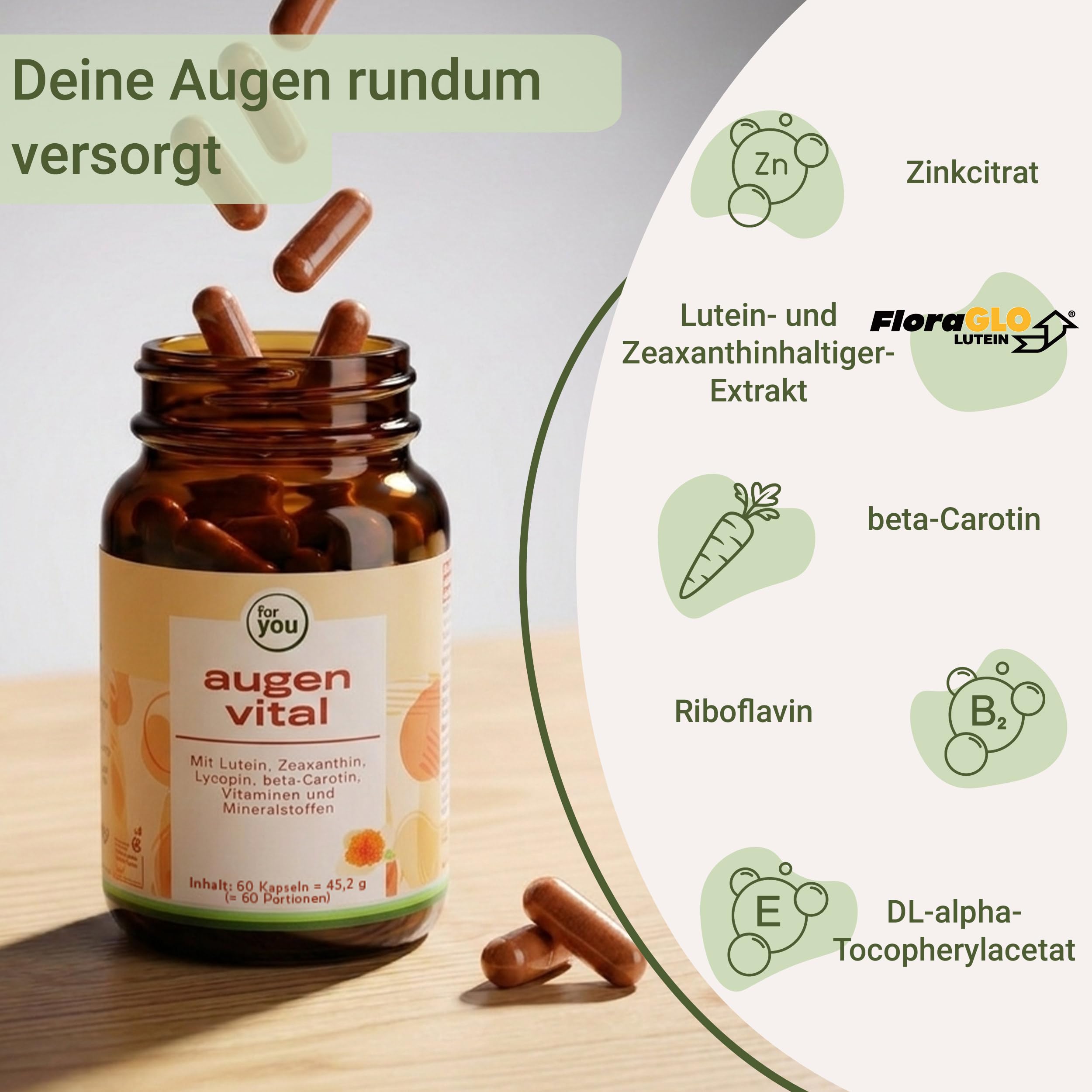 for you augen vital Doppelpack - abgestimmter Augengesundheit-Komplex mit natürlichem Lutein & Zeaxanthin von FloraGLO® - anerkannter Markenrohstoff + Lycopin, beta-Carotin, Vitamine & Mineralstoffe