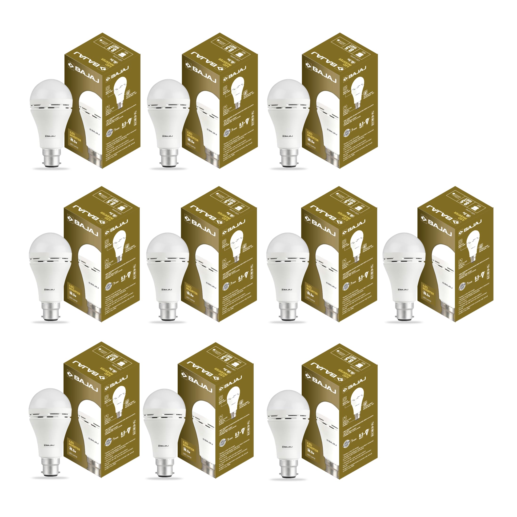 Bajaj iLED 8.5W Rechargeable Emergency Inverter LED Bulb | Cool Day Light | Upto 4 Hours Battery | B22D | (Pack of 10, White)