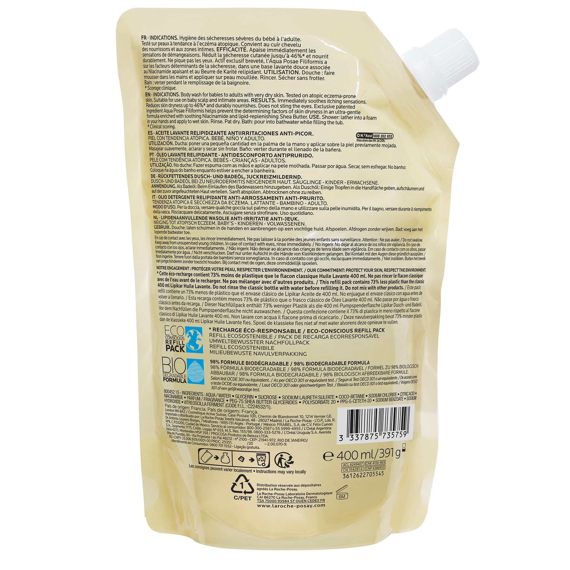 La Roche-Posay Lipikar Olio Detergente AP+ Refill Pack, Ricarica Olio Doccia, Per Pelli Sensibili, Anti-Arrossamento, Ultra-Idratante, Con Aqua Posae Filiformis, Burro di Karité, Niacinamide, 400 ml