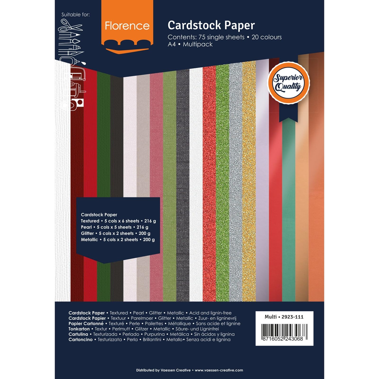 Vaessen Creative Florence Tonkarton - Bastelkarton A4 - Bastelpapier 75 Bögen - 20 Farben - Scrapbook Papier für Karten Basteln, Stanzen und Papierbasteleien - Textur, Perlmutt, Glitzer und Metallic