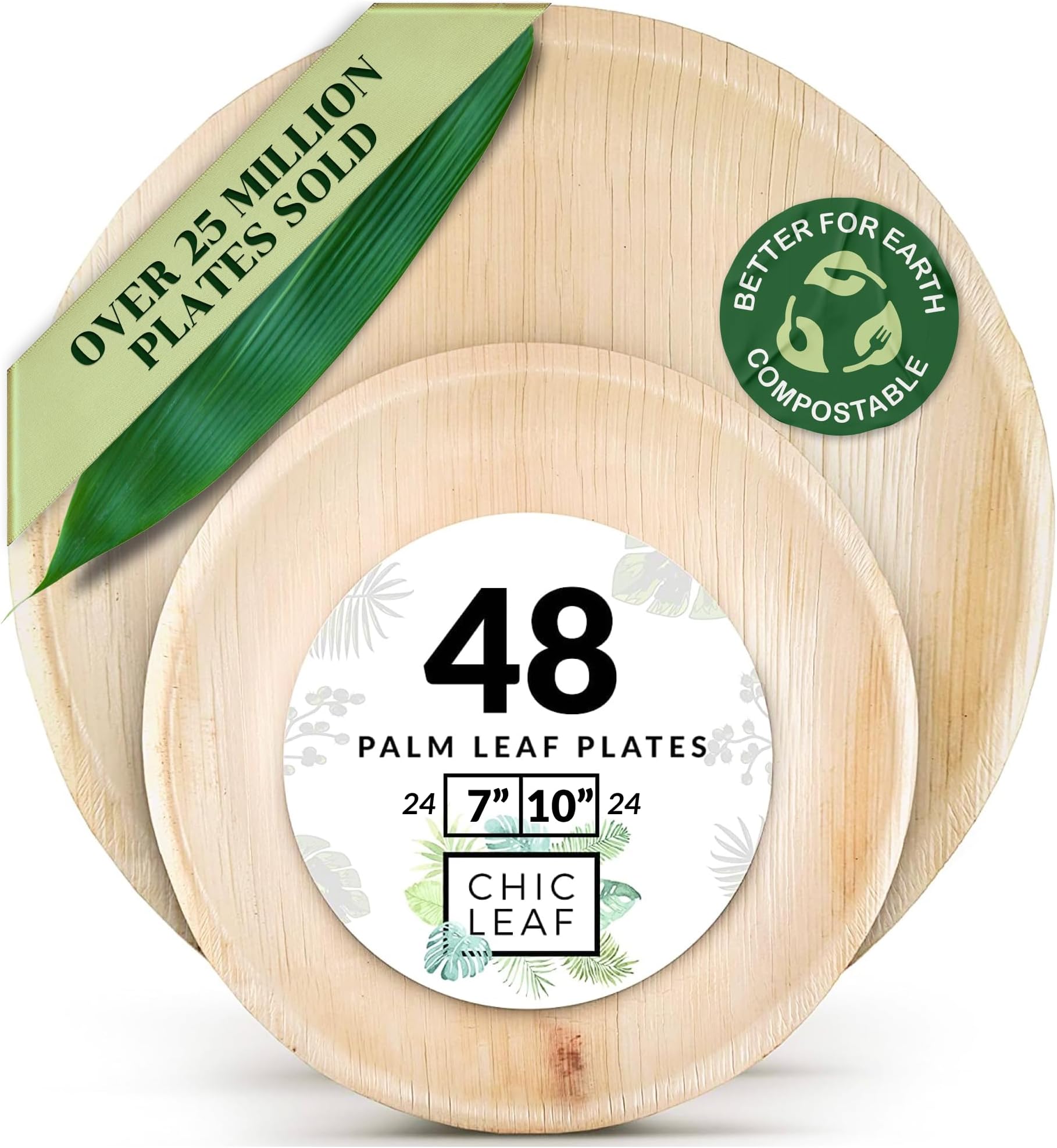 Chic Leaf Round Palm Leaf Plate Set - 48 Pack, 25.4cm & 17.8cm - Party Tableware for Events - Disposable Plates - Lightweight & Portable Picnic & Camping Dishware
