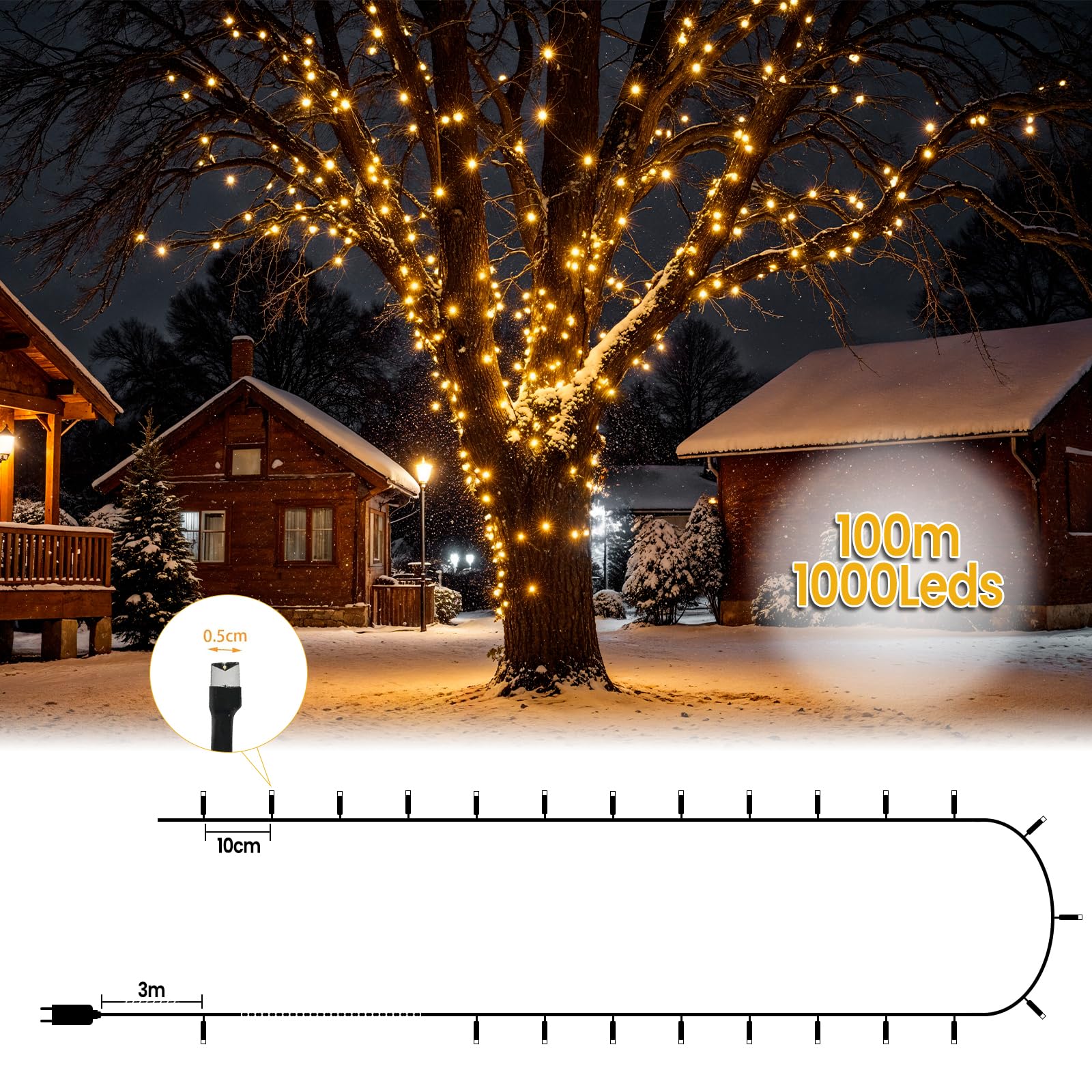 Guirnalda Luces Exterior/interior, 8 modos de luz + temporizador + memoria, Impermeable Luces Decoración de fiestas, Balcón, Jardín, Arbol de Navidad, 100m 1000LEDs, Blanco Cálido