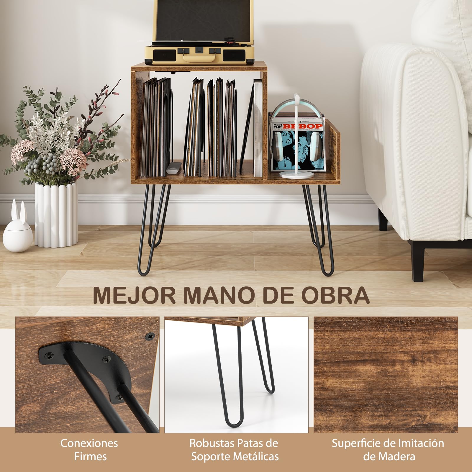 GIANTEX Soporte para Tocadiscos, 66 x 45 x 67 cm, Mesa Auxiliar con Estación de Carga Incorporada, Estantería de Almacenamiento para Vinilos con Patas Metálicas, Armario para Dormitorio, Salón (Café)