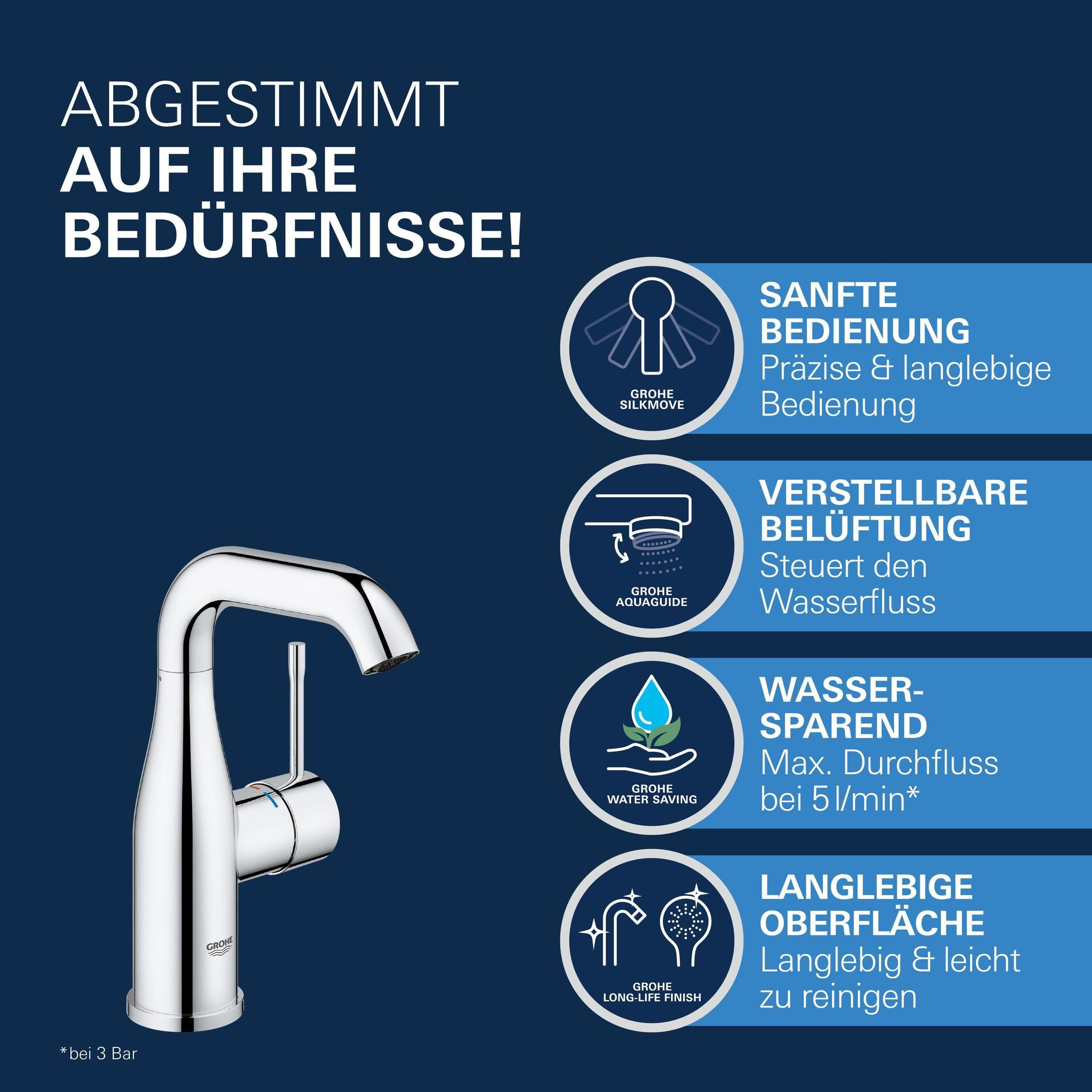 GROHE Essence, Waschtischarmatur, wassersparend (Wasserhahn für das Bad, 19cm hoch, Badarmatur mit langlebiger Oberfläche, einfache Installation am Waschbecken), chrom, 23463001