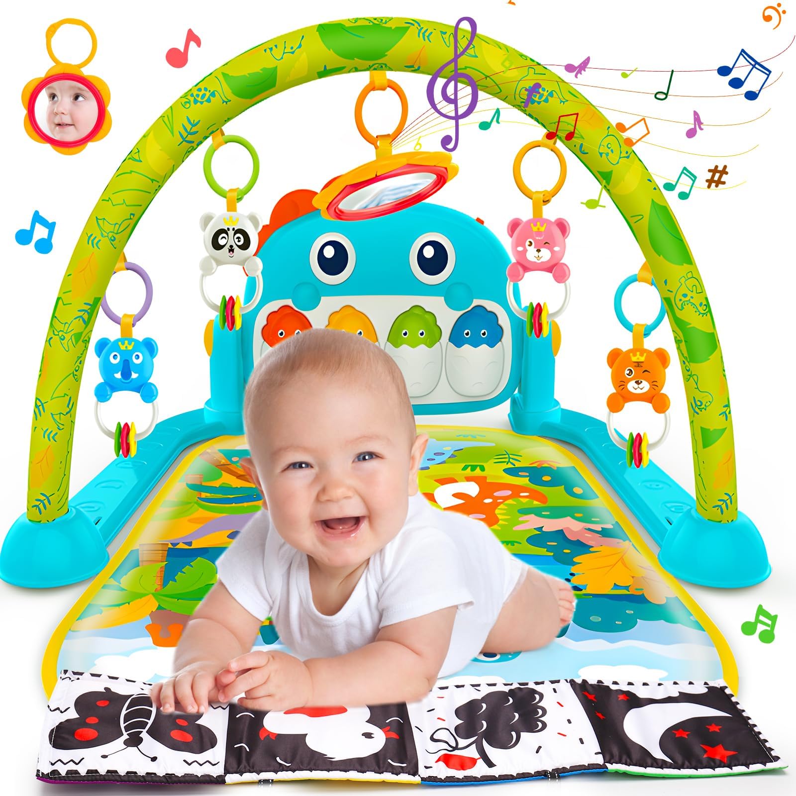 Dinosaur Newborn Baby Toys 0-6 Months Tummy Time Baby Gym Play Mats with High Contrast Book Piano Floor Playmate for Infant 0-3 3-6 Month Musical Learning Toys Gifts for Newborns 0+ Months Boys Girls