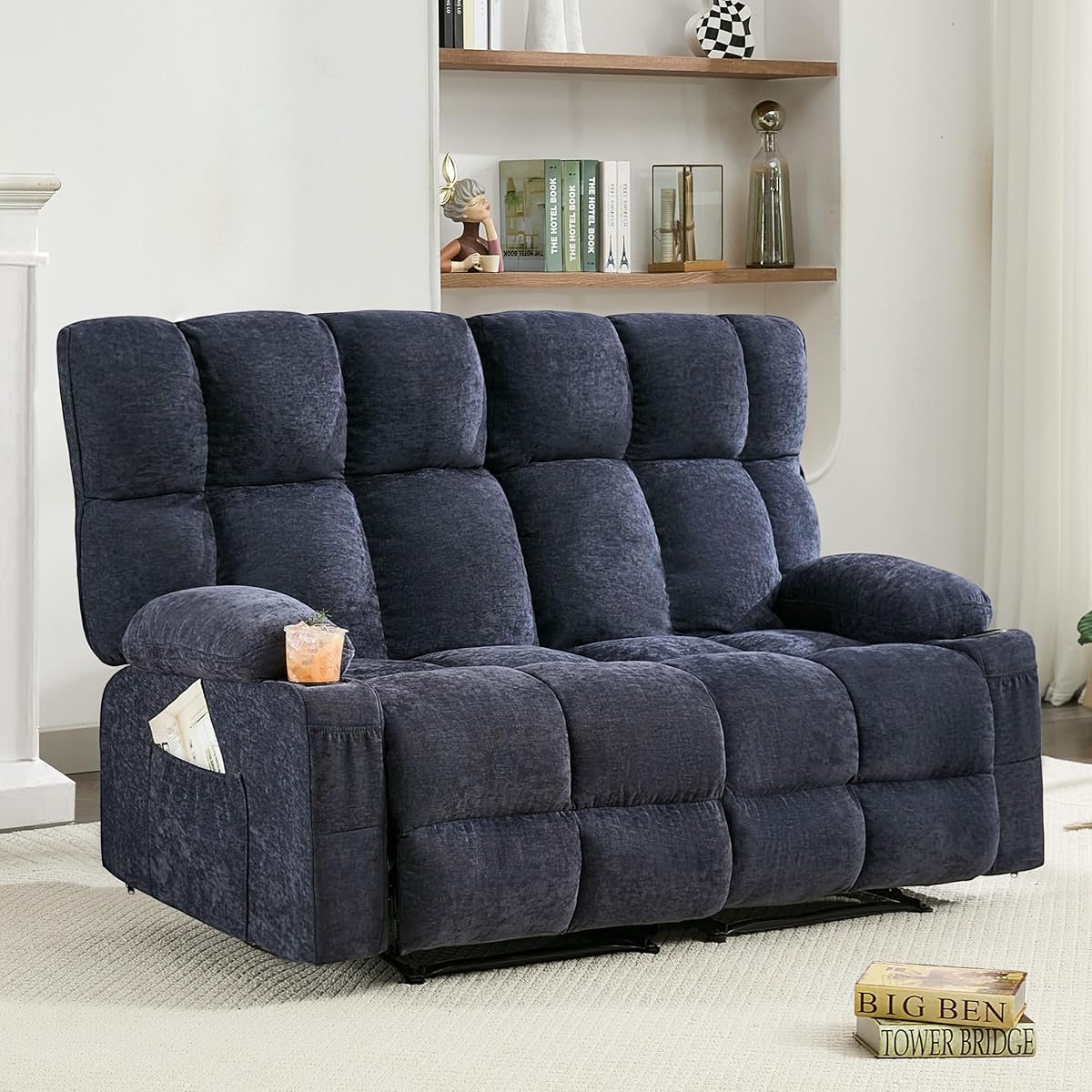 Loveseat Recliner Sofa, Big Large Reclining Sofa with Cup Holders & Side Pockets, Traditional 2-Seater Manual Recliner Couch for Living Room, RV, Home Theater, Oversized (Fabric, Blue)