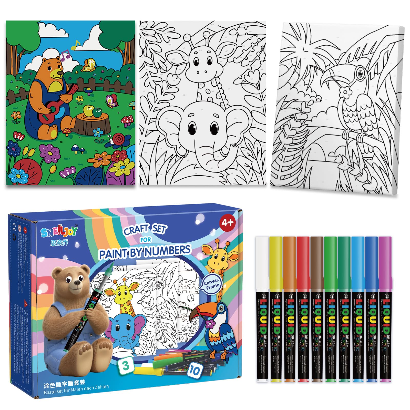SNEILJOY Paint by Numbers Kit for Kids Ages 4-12, 3 Pack Canvas Set
