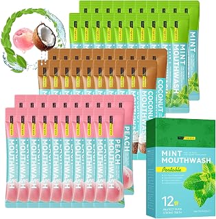 Mini Mouthwash Kit,Travel Size Portable Fresh Breath Mouth Wash,Coconut Peach Mint Flavor, 60 Individual Disposable Mouthwash Packs for Oral Care