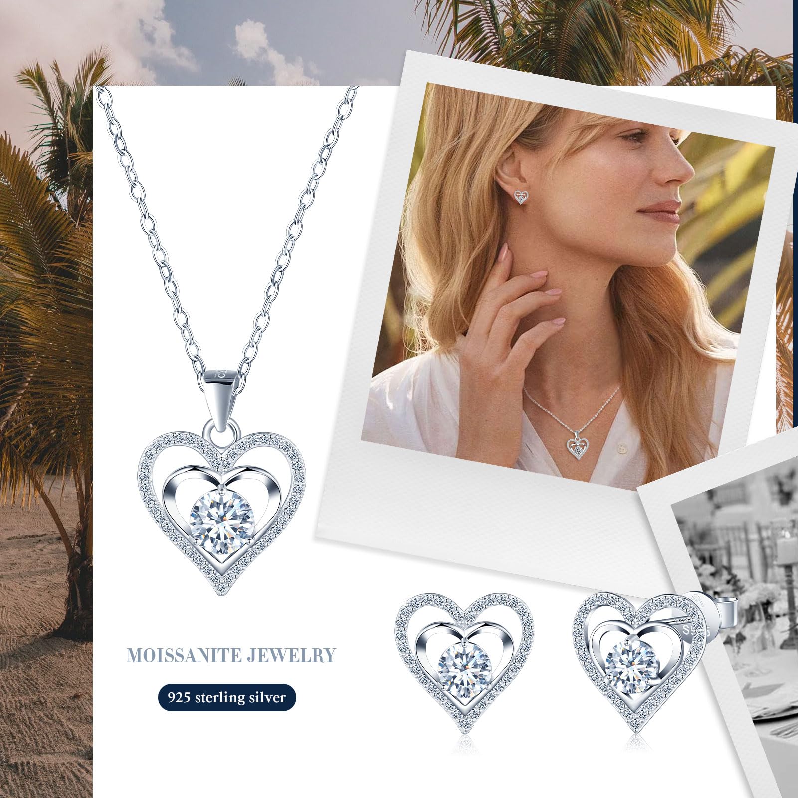 Moissanite Schmuckset Damen Herzen Diamant Ohrringe und Halskette 1 Karat: Silber 925 Herz Moissanit Ohrstecker, Herz Kette mit GRA Zertifikat für Jahrestag Hochzeit Party
