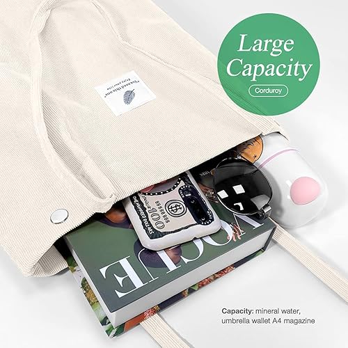 Miniatura 3 de Bolsas de pana para mujer, bolsa de pana de gran capacidad, reutilizable, con bolsillos interiores