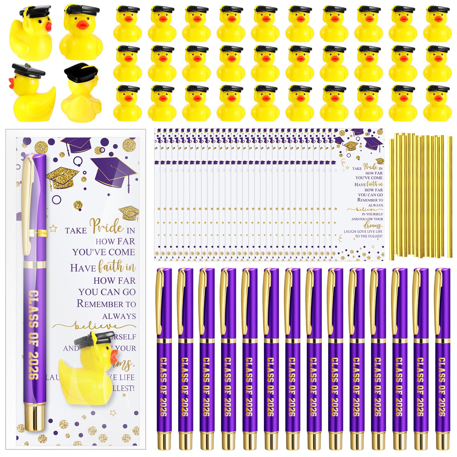 Sayglossy 30 Sets Graduation Gifts Bulk Class of 2026 Gel Ink Pen Mini Card Cap Yellow Resin Duck Graduation Party Favors End of Year Gift(Purple)