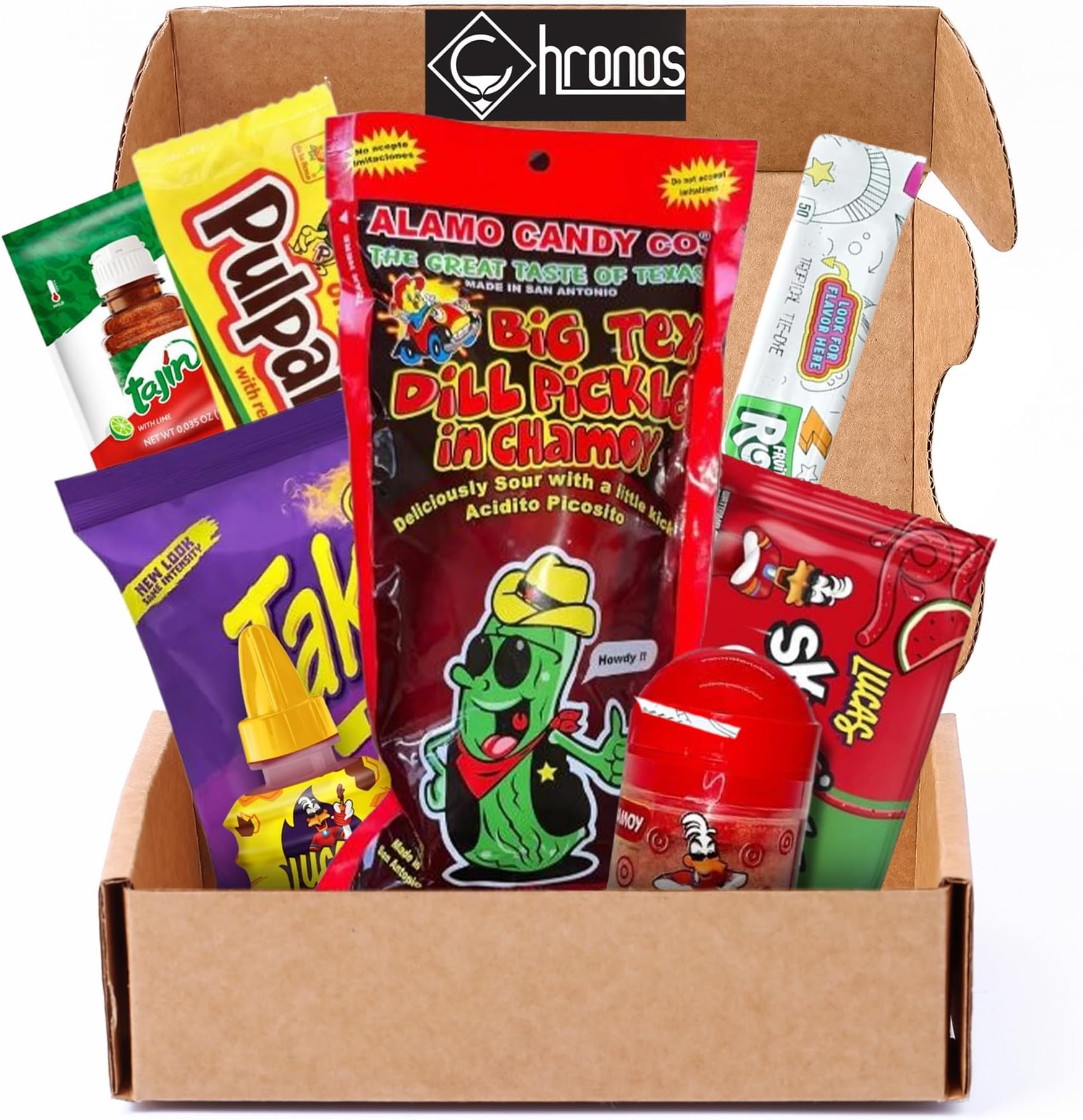 Chamoy Pickle Kit by CHRONOS 9 Piece Kit includes Alamo Big Tex Chamoy pickle, Skwinkles Watermelon Flavor, Lucas Gusano (tamarind), Lucas Polvos (chamoy), Tajin Packet, Fruit Roll Up, Tamarind Pulp Candy, Takis Fuego and Chronos Magnet