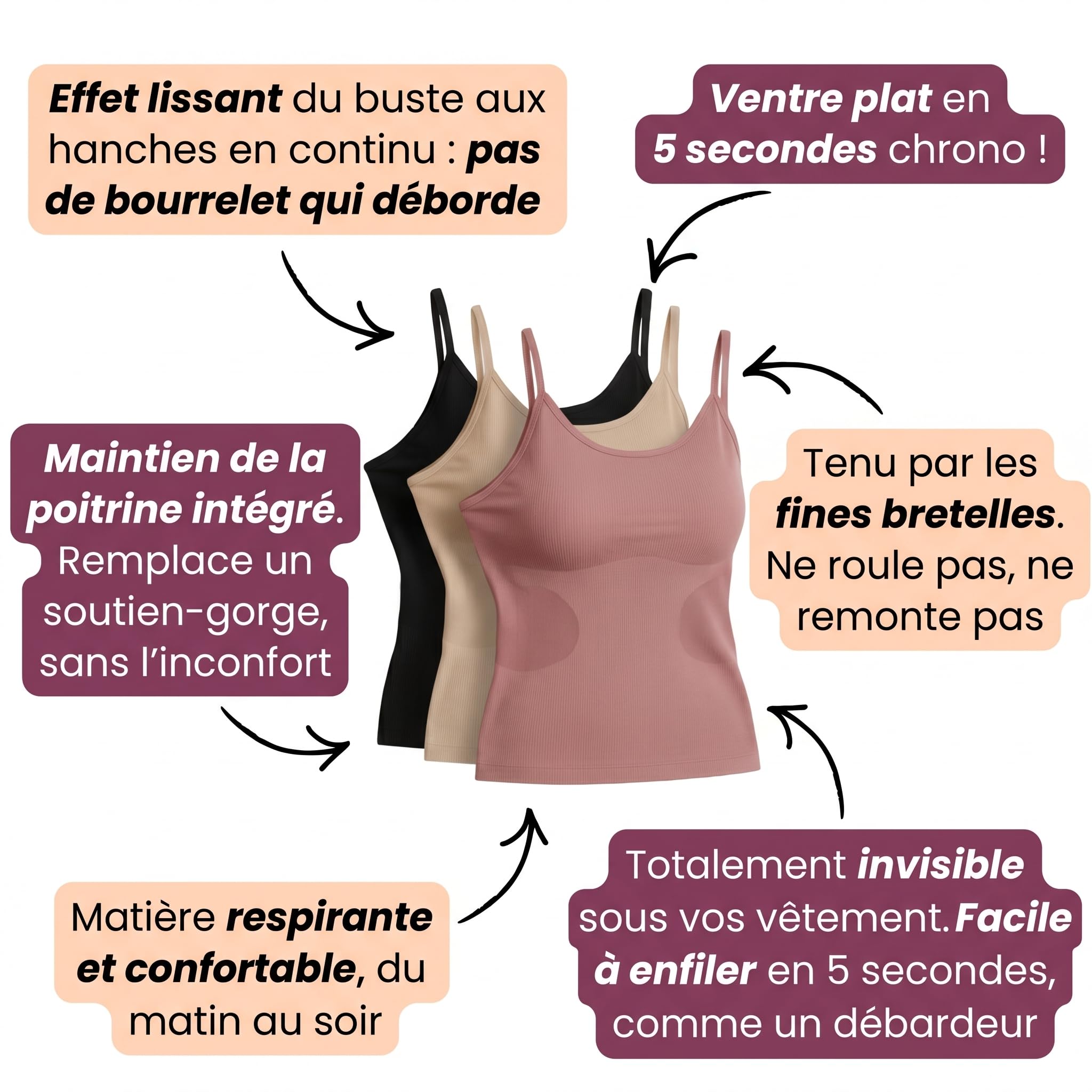 coin féminin Débardeur Amincissant, 2 Débardeur Femme Gainant Sans Couture Top Sculptant avec Soutien Gorge Intégré Bretelles Réglables Effet Ventre Plat Invisible sous Vêtements S-4XL