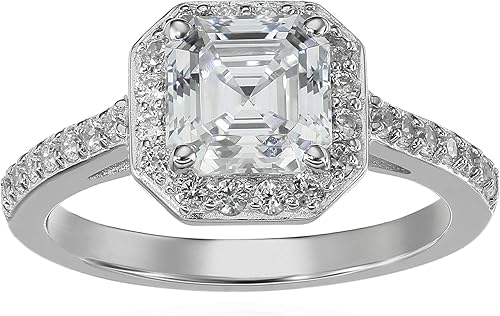 Tienda Collection Platinum or Gold Plated Sterling Silver Asscher-Cut Halo Ring Set with Infinite Elements Zirconia