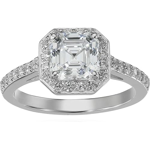 Amazon Collection Sterling Silver Infinite Elements Cubic Zirconia Asscher Center Halo Ring
