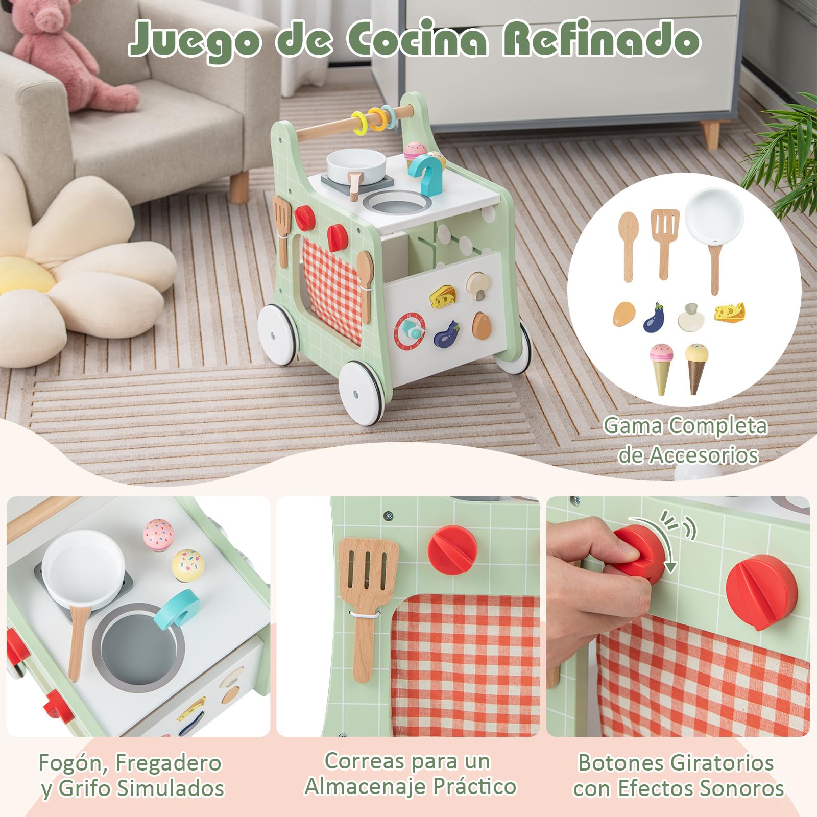 COSTWAY Andador Bebes de Madera 6 en 1, Carrito de Madera para Bebés, Centro de Actividades de Aprendizaje para Empujar y Jalar para Bebés con Cocina, Reloj, para Bebés de 12+ Meses (Verde)