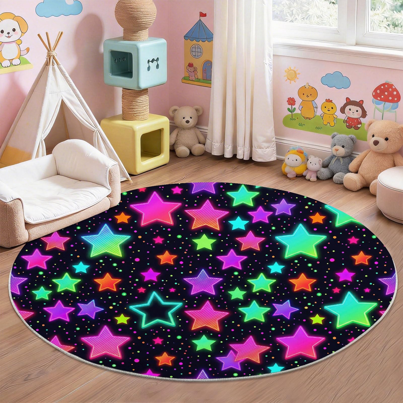 Space - Alfombra redonda iridiscente de estrellas y lunares, 245 cm, lavable, alfombra para bebé, niños y niñas, alfombra de suelo, antideslizante, suave, colorida
