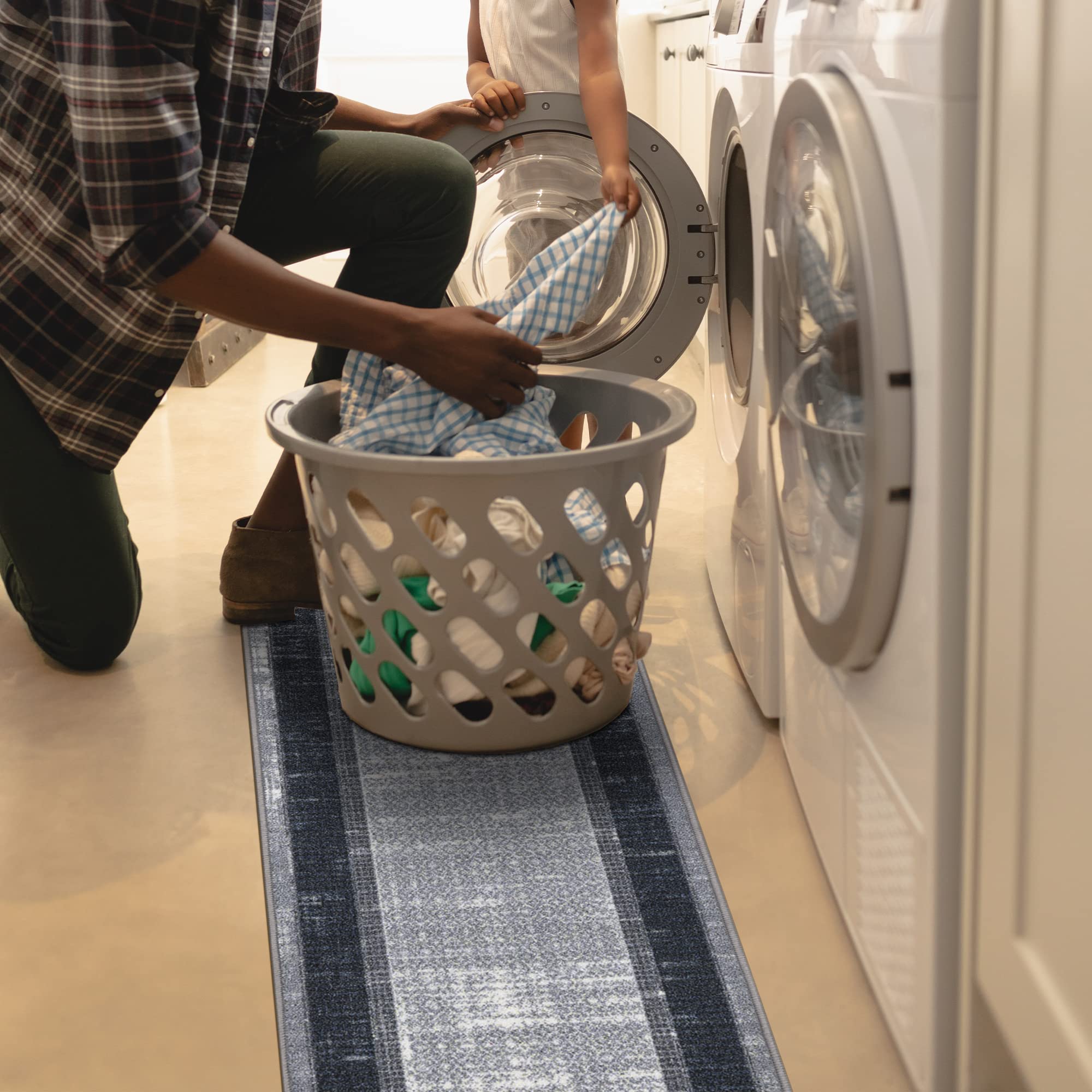 Ottomanson Ottohome Collection Contemporary Bordered Design Non-Slip Rubberback 2x5 Runner Rug, 20" x 59", Grey/Navy