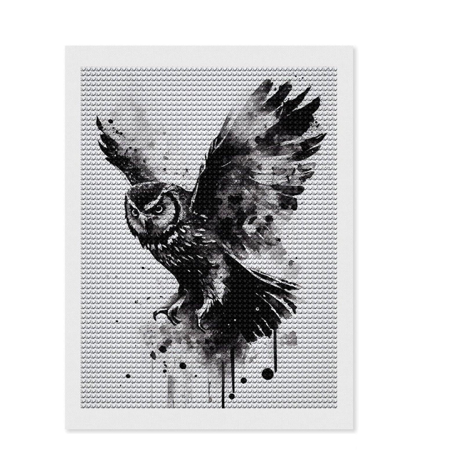 Junmoney Owl Black and White Diamond Painting Set 12"x16", with Tool Kit, Office Decor, Creative Hobby, Fun Craft Activity, Winter Craft