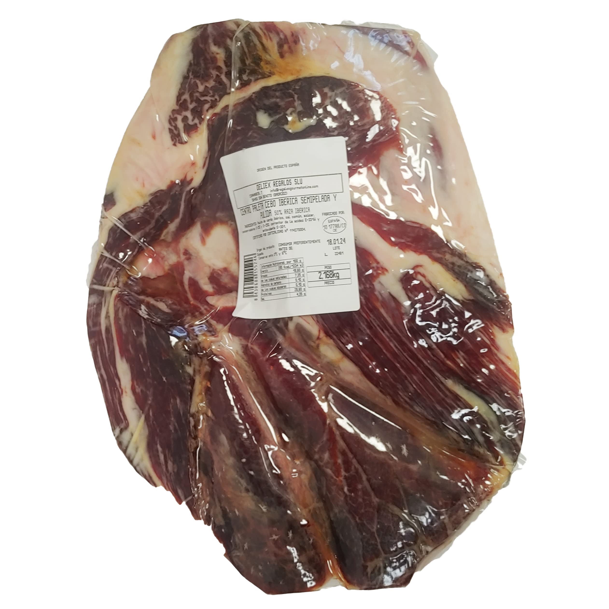 Deliex delicias de Extremadura. Centro de Paleta Ibérica 50% deshuesada y pulida. Envasada al vacío. Paleta Ibérica sin hueso origen España.