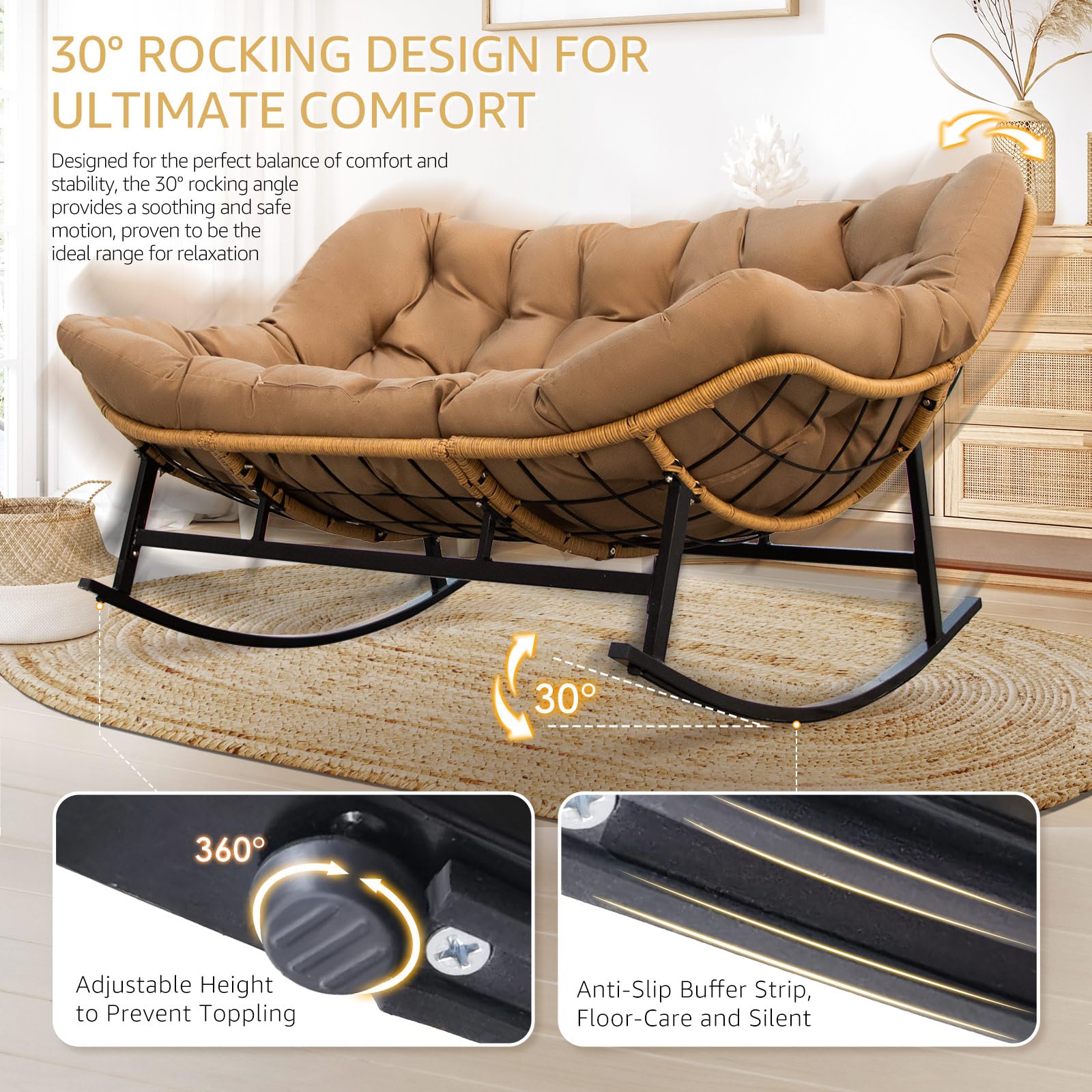 Nicesoul Patio Double Rocking Papasan Chair With Ottoman Indoor