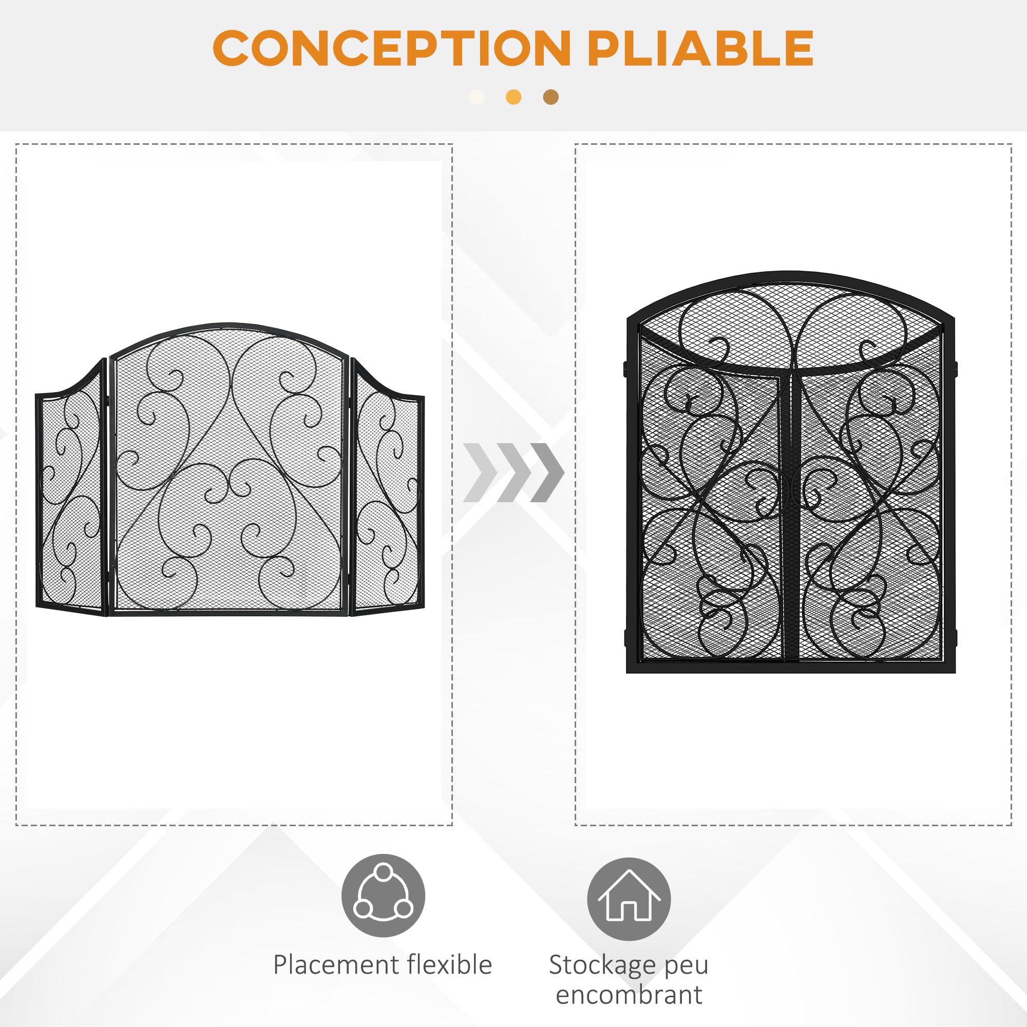 HOMCOM Pare-feu cheminée Pare-étincelles 3 Volets Pliables Grille de Protection pour cheminée ou poêle - dim. 66 x 31 x 81 cm - métal Noir