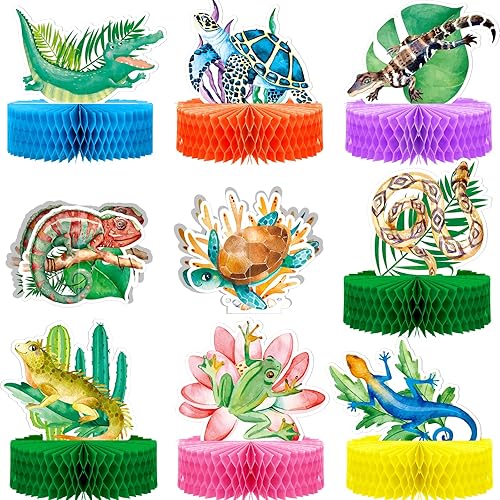 9 piezas de suministros para fiesta de cumpleaños de reptiles, centros de mesa de panal de reptiles, suministros temáticos de lagarto, decoraciones