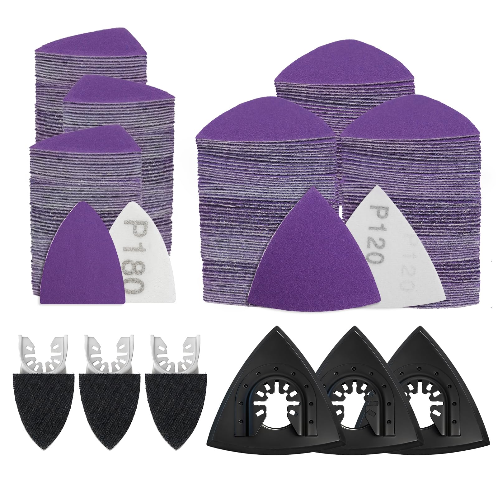 266PCS Multi Tool Sanding Pads Kit, 3PCS Triangle & 3PCS Fingertip Sand Pads,260PCS Sandpaper, 40/60/80/100/120/180/240/360 Grits Hook & Loop Multitool Sandpaper for Wood/Plaster Surface
