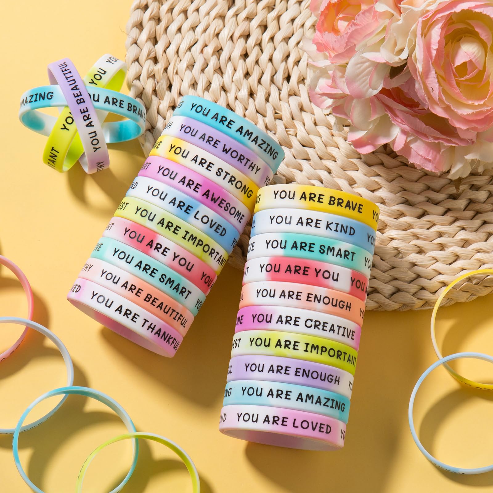 100 Pieces Motivational Wristbands Bulk for Student Colored Inspirational Rubber Bands Students Inspirational Bracelets Teacher for Kids Christmas Gift (Swirl Colours)
