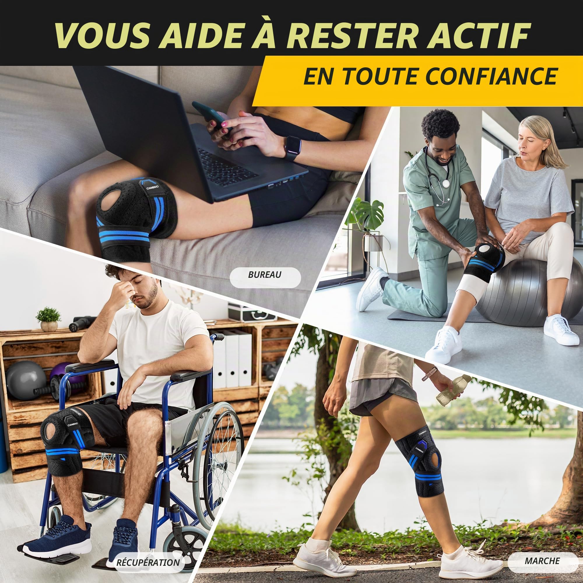 CAMBIVO Genouillere Arthrose Genou Réglable, Genouillere Ligamentaire avec Stabilisateurs Latéraux et Coussinets en Gel, Genouillère Rotulienne pour les Douleurs au Genou