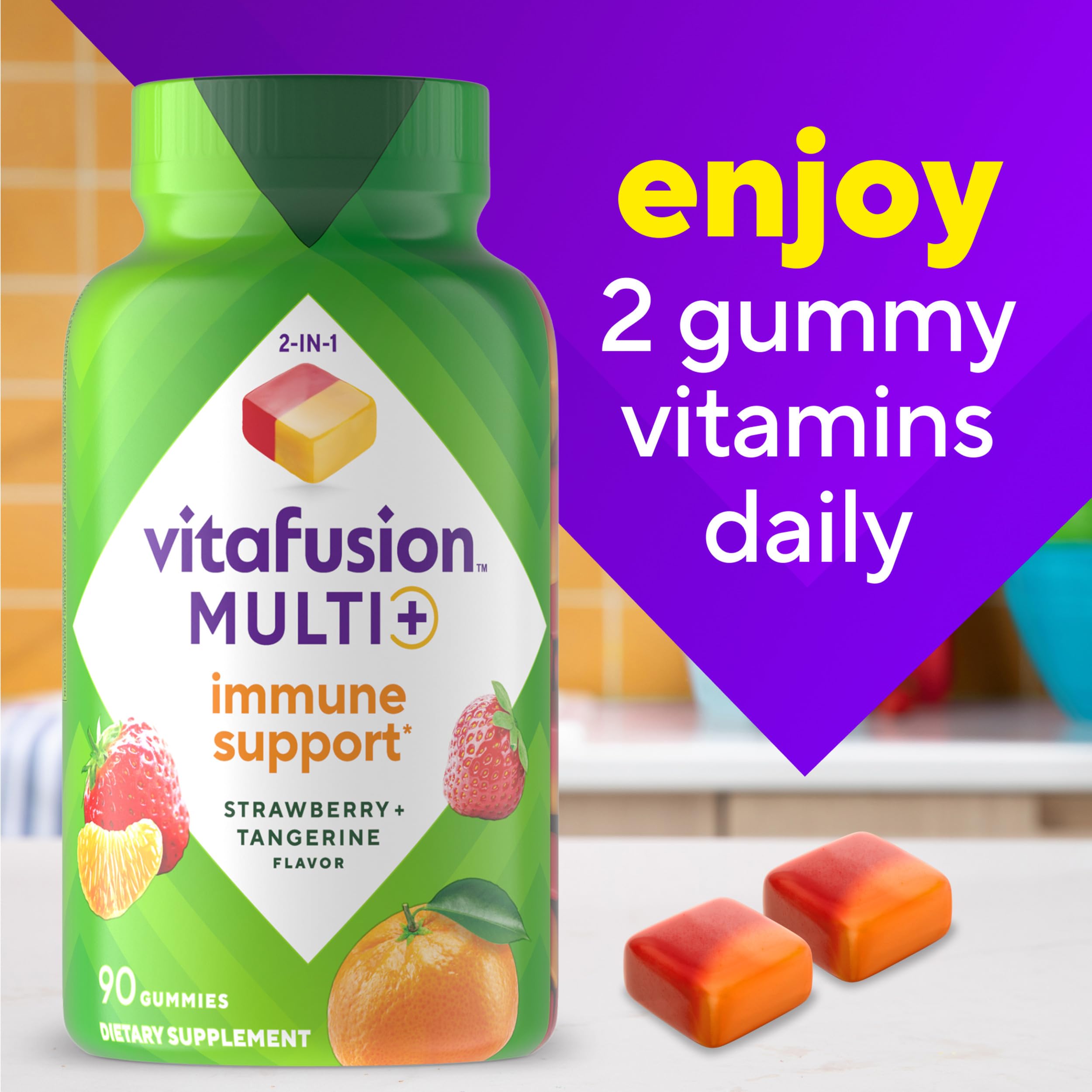 Vitafusion Multi+ Immune Support* – 2-in-1 Benefits & Flavors – Adult Gummy Vitamins with Vitamin C, Zinc, Daily Multivitamins, 90 Count