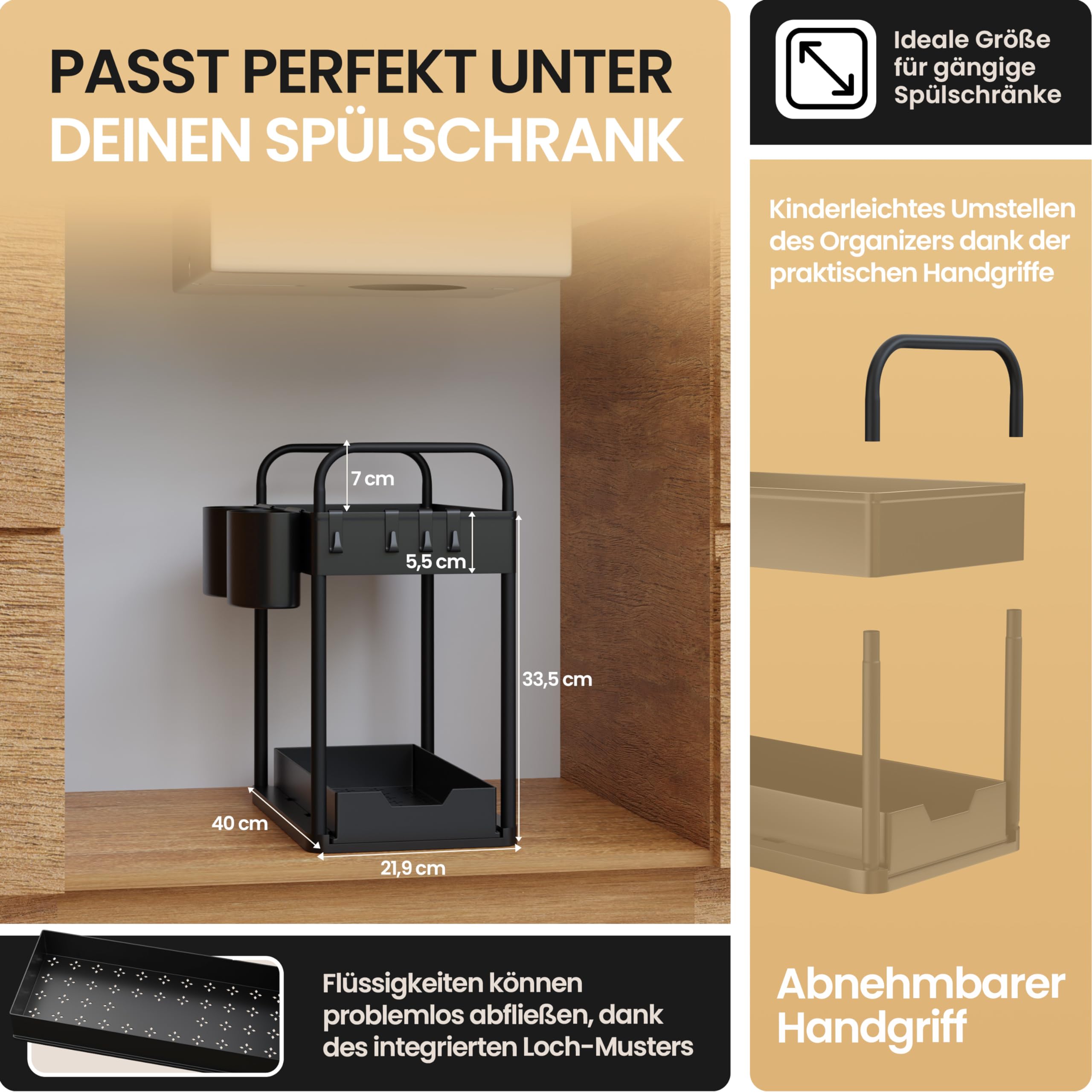 HELDENWERK Mensola Sotto Lavello Regolabile In Altezza – 2 Ripiani + 4 Ganci E 2 Contenitori, Organizer Per Cucina In Nero, Sistema A Innesto