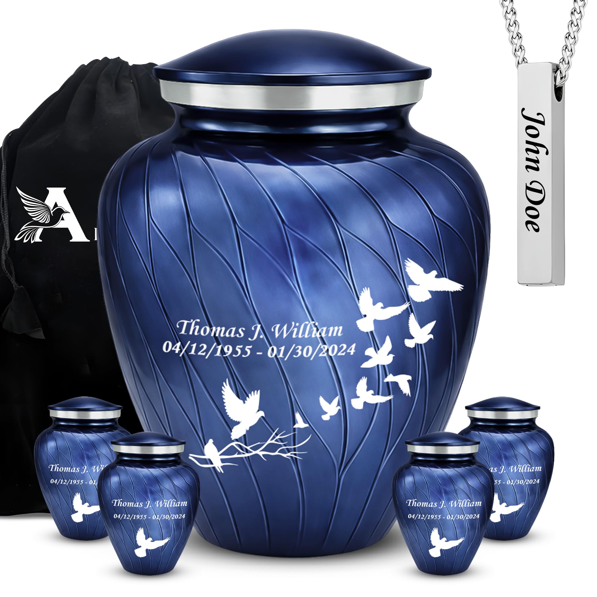 Set of 6 Serenity Custom Engraved Decorative Urns for Human Ashes Includes 1 Large Urn with 4 Small Keepsakes & 1 Silver Necklace - Pearl Dove (Plain