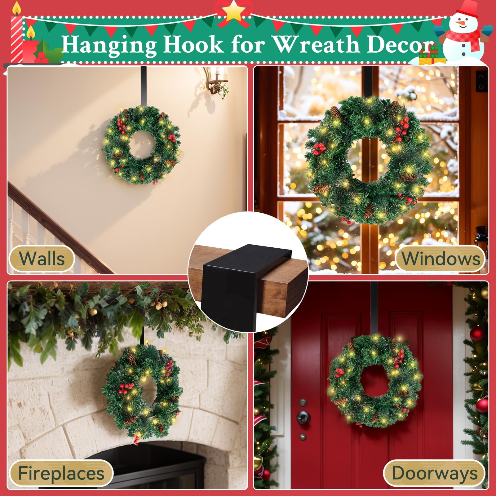 16in Couronne de Noël, LED Guirlande de Noël 8 Modes Couronne de Porte de Noël Artificielle avec Pommes de pin, Baies Rouges, Décoration de Noël pour Porte, Fenêtre, Cheminée, Mur