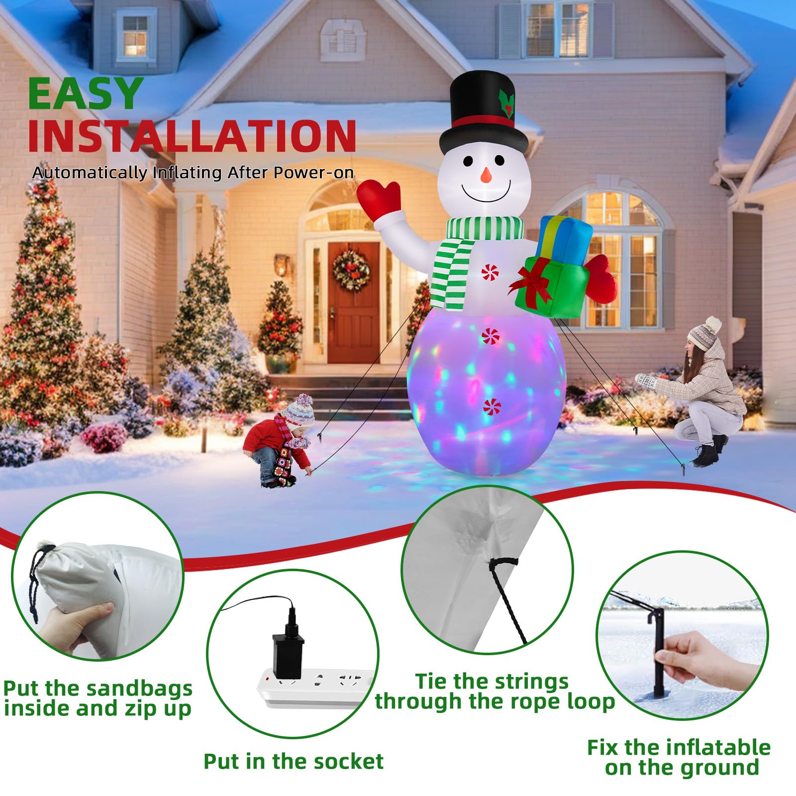 Bonhomme de neige géant gonflable de 3,7 m - Décoration de jardin gonflable - Lumières LED intégrées pour Noël, fête, jardin, cour