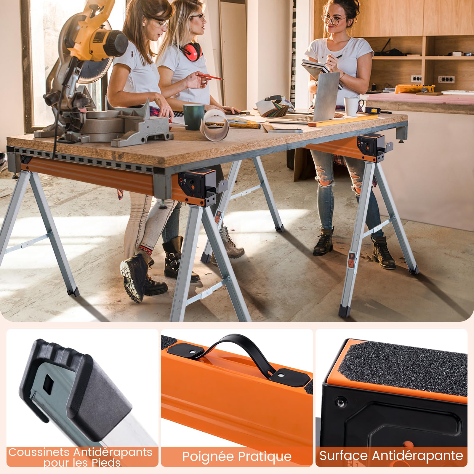 GYMAX Lot de 2 Tréteaux Portables et Pliables, avec Patins Antidérapants, Bras de Support, Chevilles Rabattables, Stucture Stable, pour Menuiserie/Travail de Bois