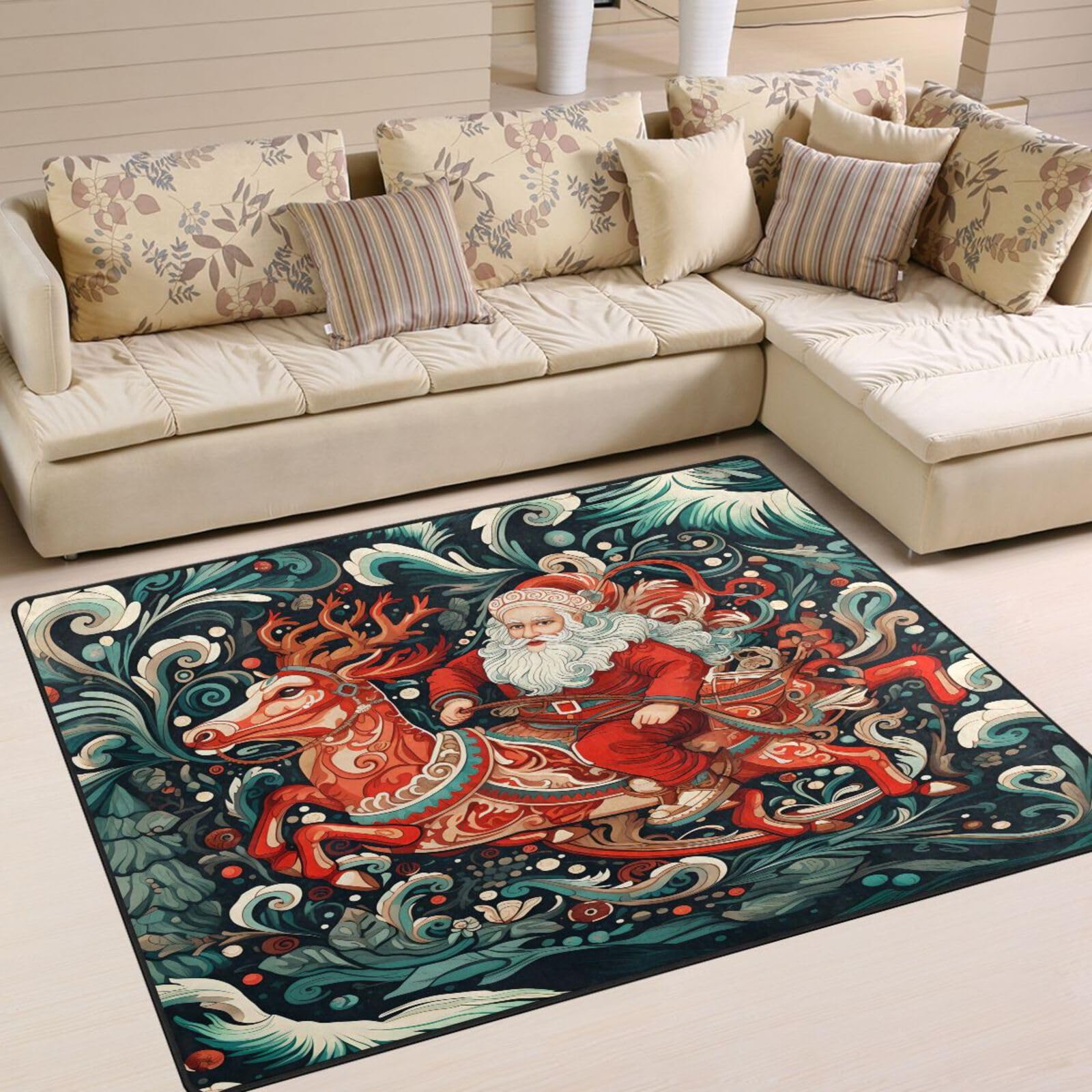 ALAZA Merry Christmas Santa Claus Flower Floral Area Rug Rugs for Living Room Bedroom 4' x 5'3"
