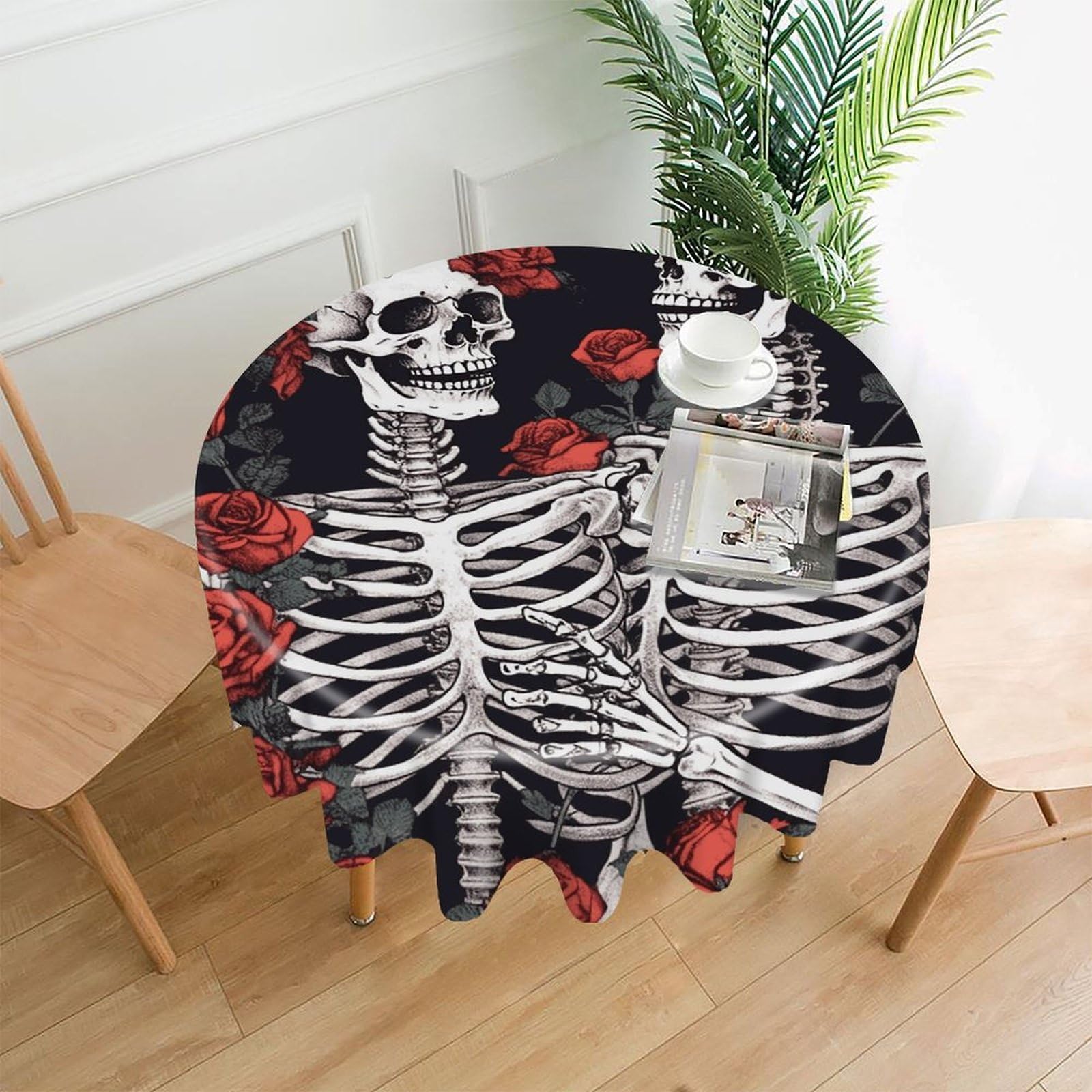 FekiLoot Rose and Skeleton Round Tablecloth Cover 60 Inch Wrinkle Free Washable Polyester Fabric Table Cover Decorative Round Table Cloth for Home Dining Kitchen Party Farmhouse