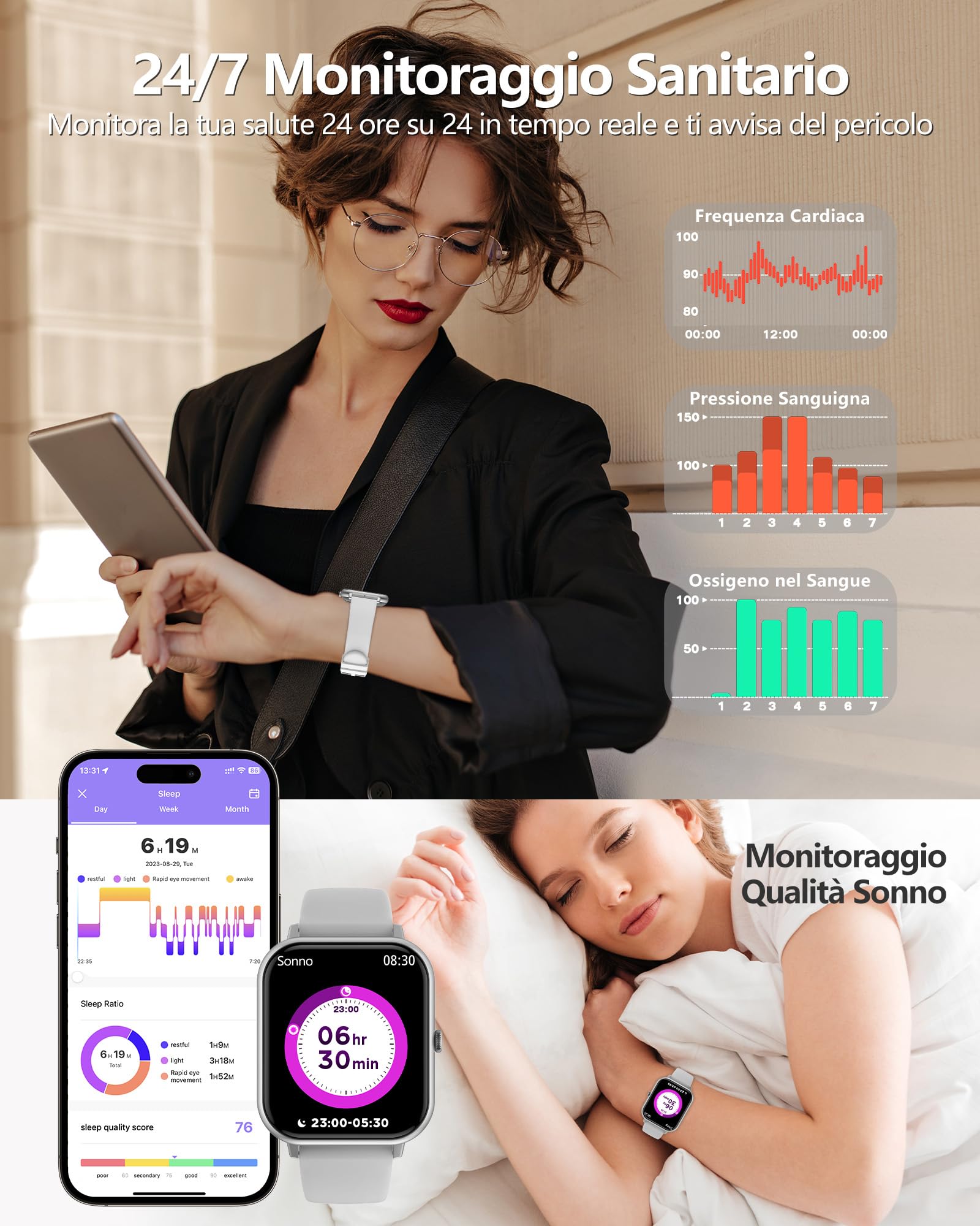Smartwatch Donna Uomo,1.83" Orologio Smartwatch con Effettua/Risposta Chiamate， Sonno/SpO2/Cardiofrequenzimetro/Contapassi, 110+ Modalità Sportive, IP68 Impermeabile Fitness Tracker per iPhone&Android