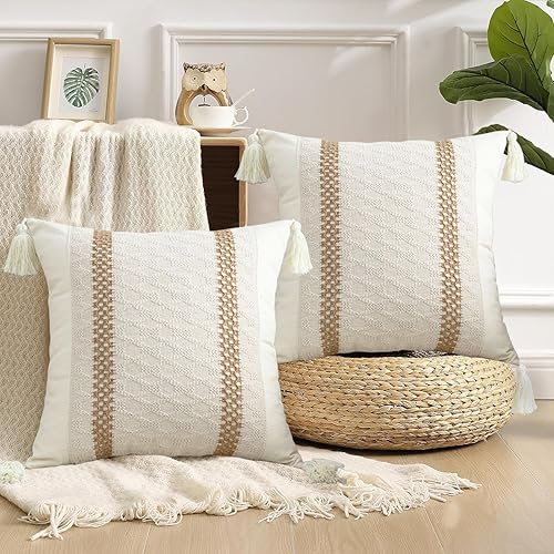 Virexen Juego de 2 fundas de almohada bohemias de 18 x 18 pulgadas, fundas de almohada neutras de granja con borlas, fundas de almohada tejidas a