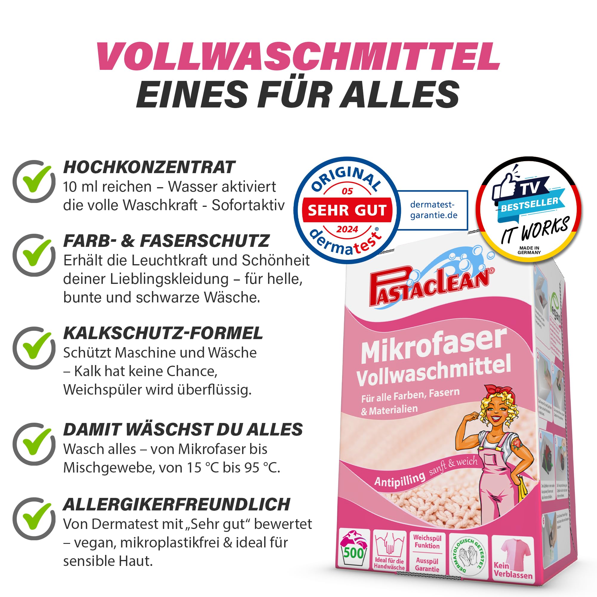 Pastaclean Mikrofaser Vollwaschmittel Konzentrat 5 L - Waschmittel Flüssig für Helle & Dunkle Wäsche - Universalwaschmittel XXL (15-95°C) 500 Waschladungen, nur 5 Cent pro Wäsche - Colorwaschmittel