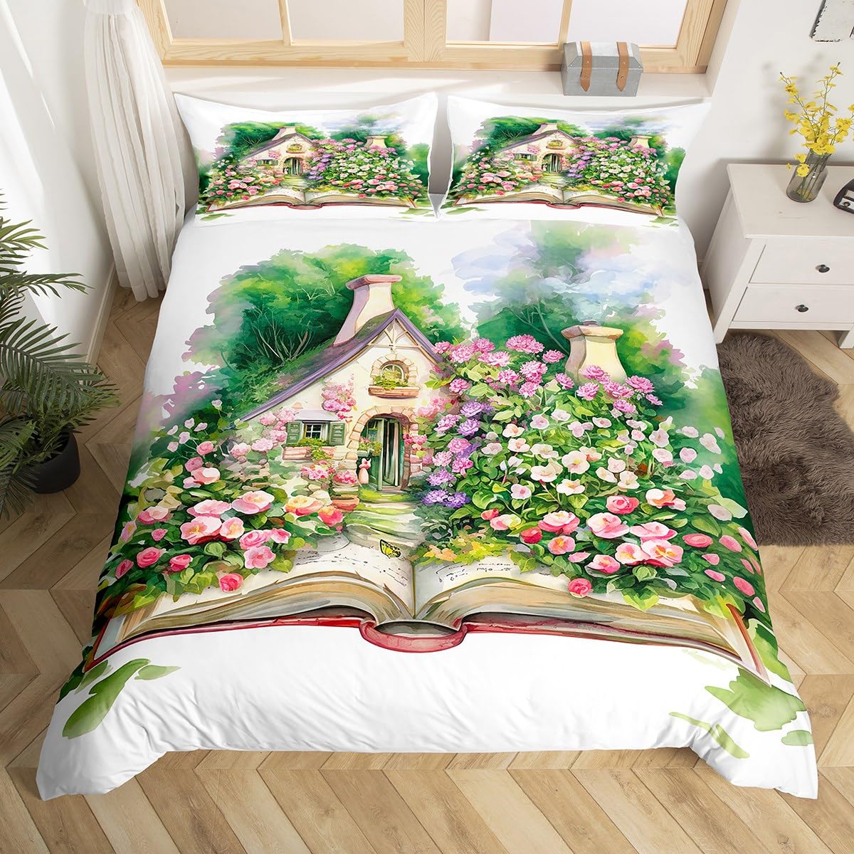 feelingyou Dreamy Book House Duvet Cover Set Super King,Watercolor Garden Blooming Flowers Magical Bedding Set,Adults Women Men Room,Fantasy Floral Book House Fairy Tale Quilt Cover,No Comforter