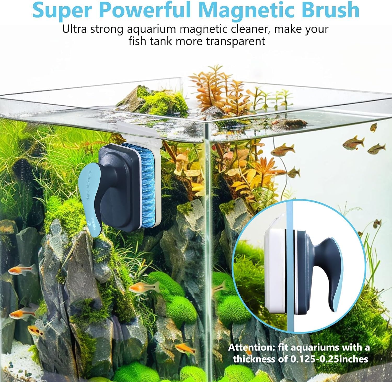 fishkeeper 2-in-1 Aquarium Reinigung Magnetbürste, Aquarium Magnet Scheibenreiniger, Ergonomischer Griff Aquarium Zubehör, Aquarium schwammbürste mit Abnehmbarem Schaber (M)