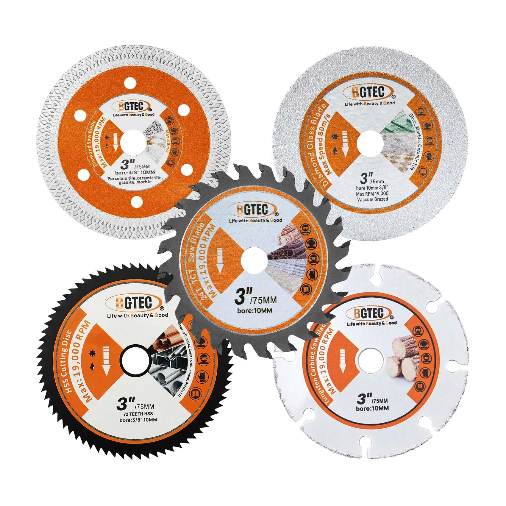 BGTEC Circular Saw Blade - 5PCS 75MM Cutting Dics Arbor 10MM for Wood Plastic Tile Glass Metal Steel