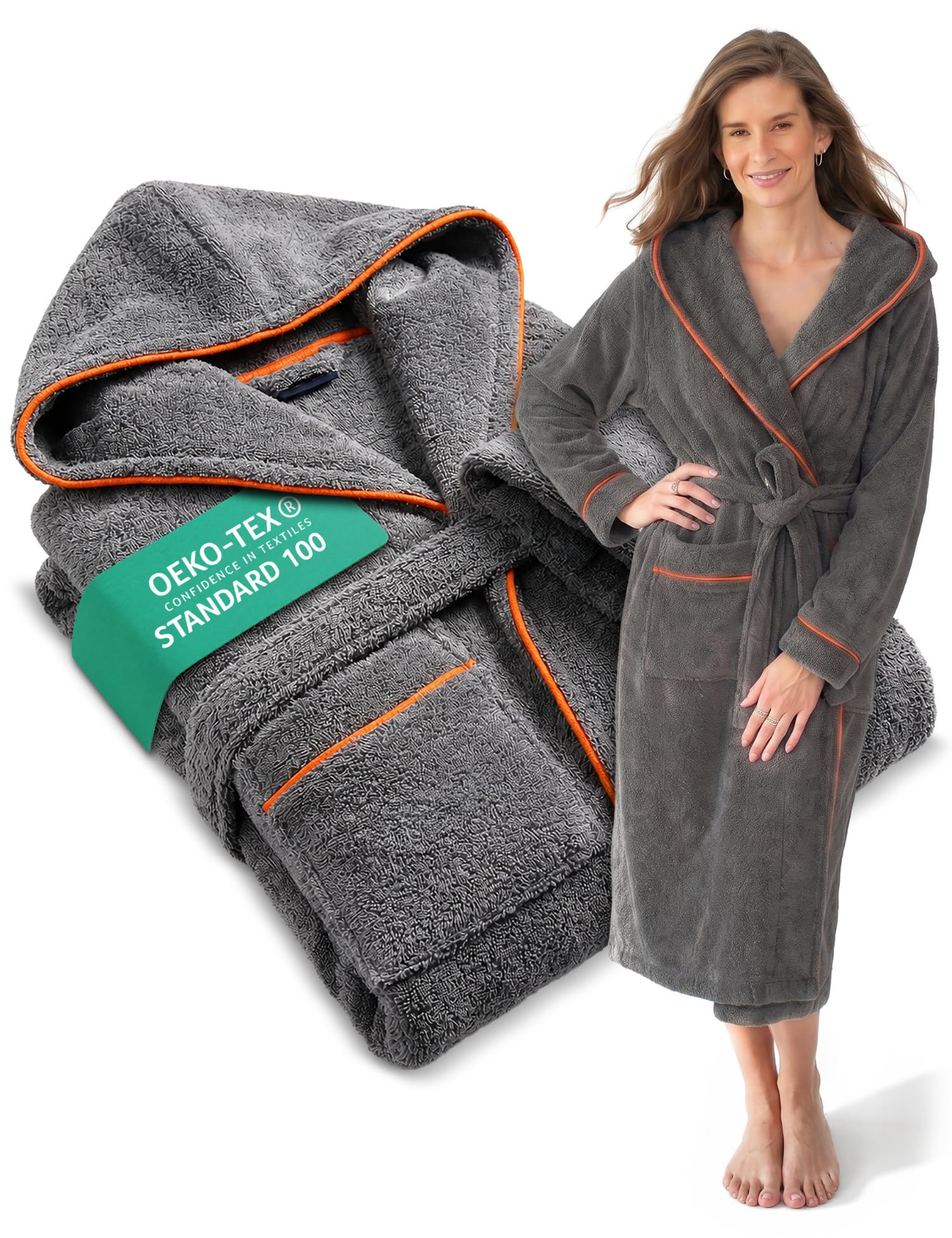 Peignoir de Bain Femme en Coton douillet 400 g/m2 avec Capuche - robe de chambre femme extra doux et confortable - taille XS/S/M/L/XL - peignoir de bain sauna en éponge certifié OEKO-TEX