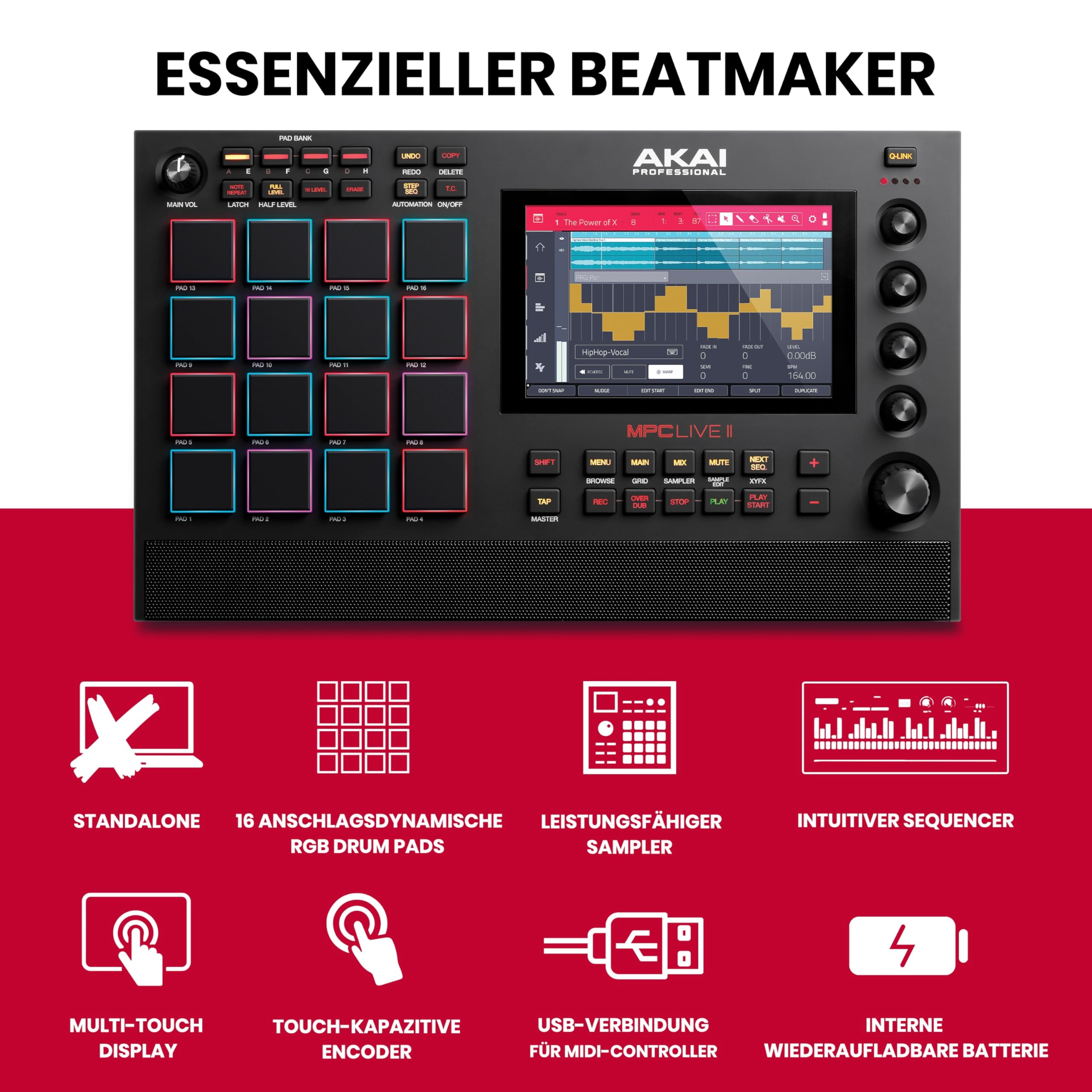 Akai Professional MPC Live II - Batteriebetriebene Drum Machine, Sampler und Beat Maker mit Lautsprechern, Drum Pads, Synth Engines, Touch Display und Native Instruments Integration