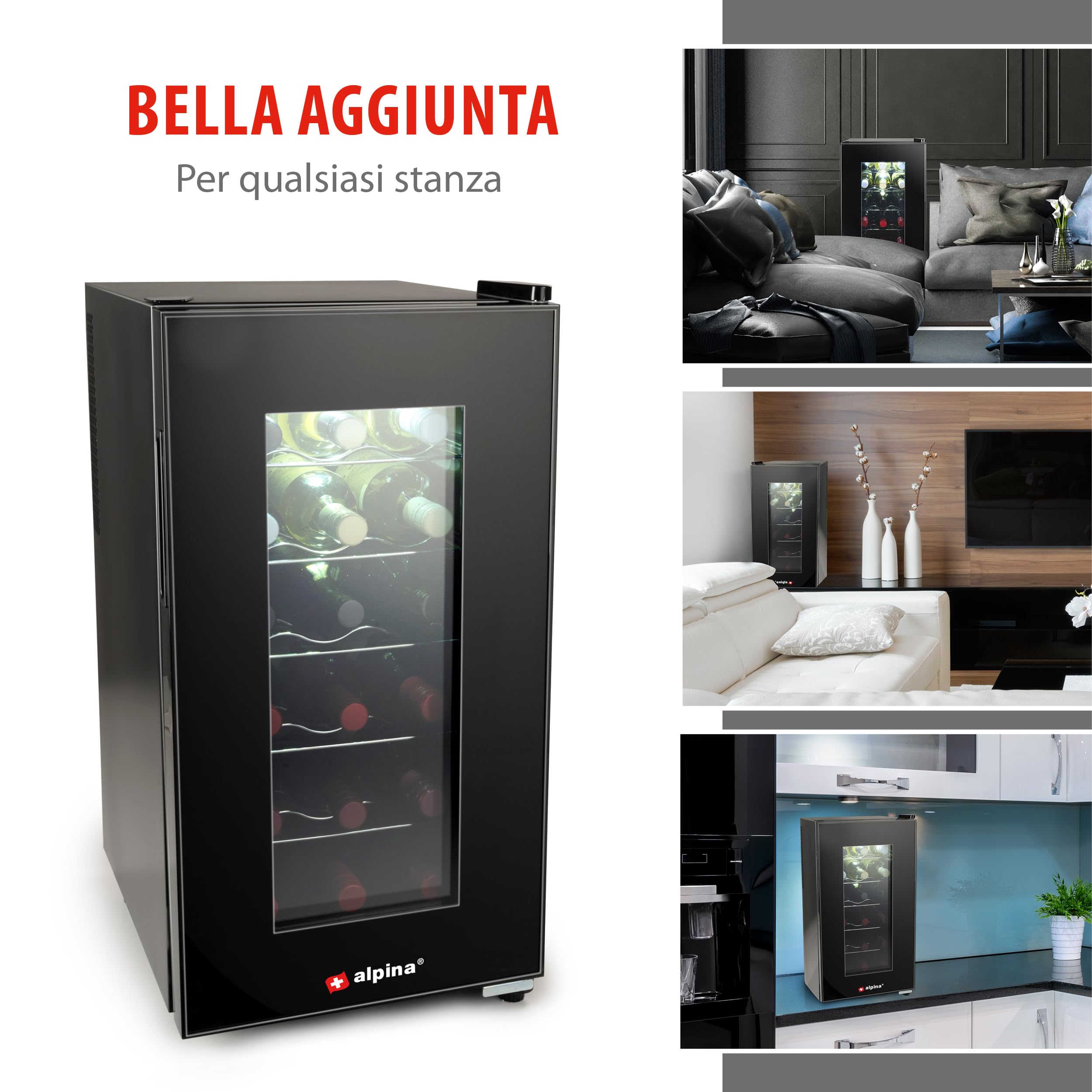 Alpina Frigorifero per vino – 230 V – 18 bottiglie/50 l – temperatura regolabile da 11 °C a 22 °C – Porta in vetro e illuminazione interna – silenzioso – nero