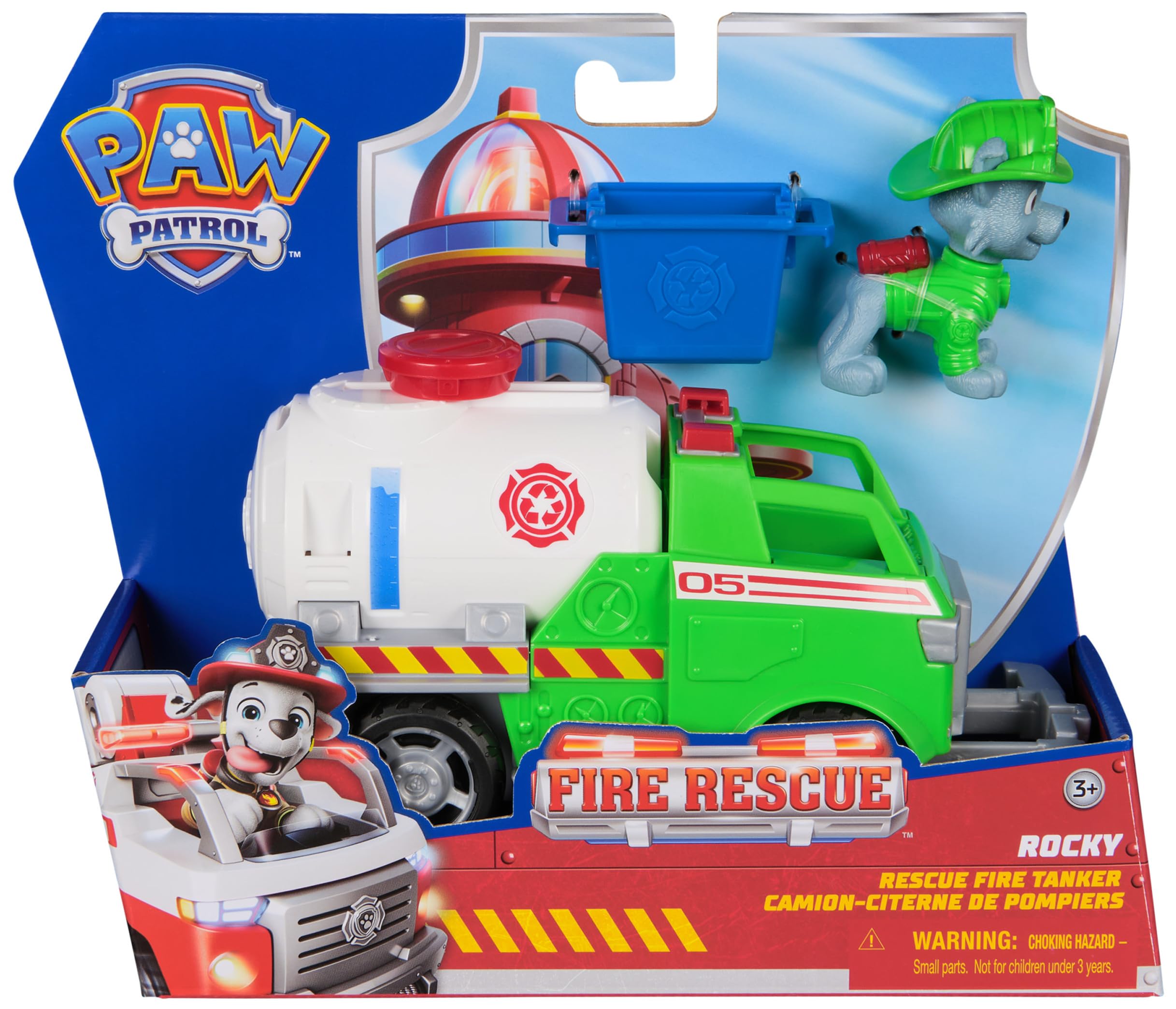 Paw Patrol - Pat Patrouille - Véhicule Figurine Rocky Fire Rescue Mission Pompiers - Voiture Figurine À Collectionner - Bac Et Pince - Pat Patrouille Jouet - Voiture Enfant - Jouet Enfant 3 Ans Et +