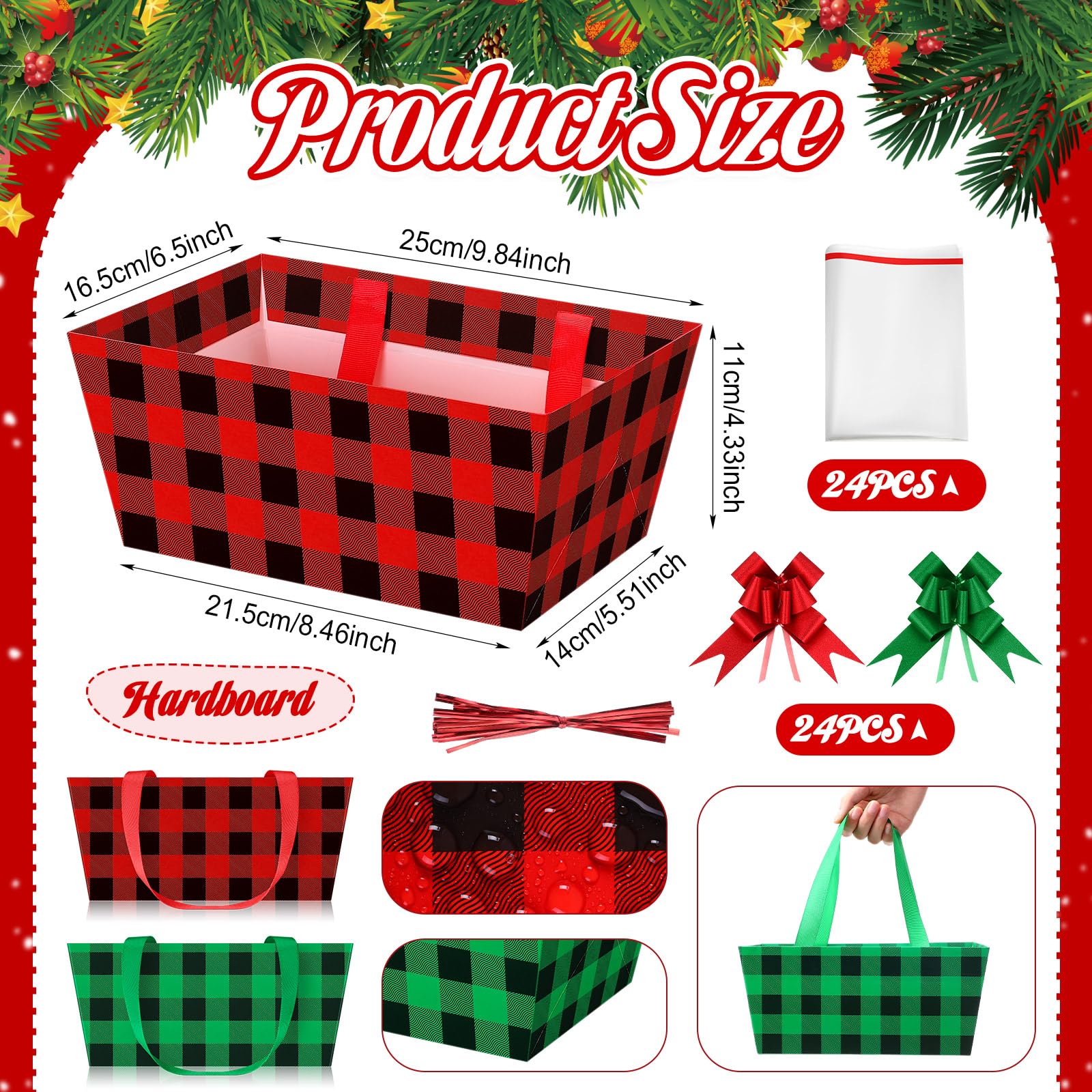 24 cestas de Navidad para regalos, kit de cesta de regalo vacía con 24 bolsas de plástico y 24 lazos, paquetes de regalo de bricolaje de 9.8 x 6.5 x 4.3 pulgadas, cesta de cartón para cumpleaños de