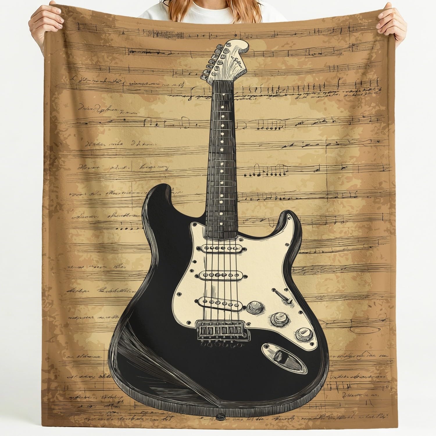 Manta musical de 200 x 200 cm, diseño vintage de instrumentos musicales con notas de guitarra, manta de forro polar acogedora de microfibra para sofá, cama, regalo para padres de niños, marrón